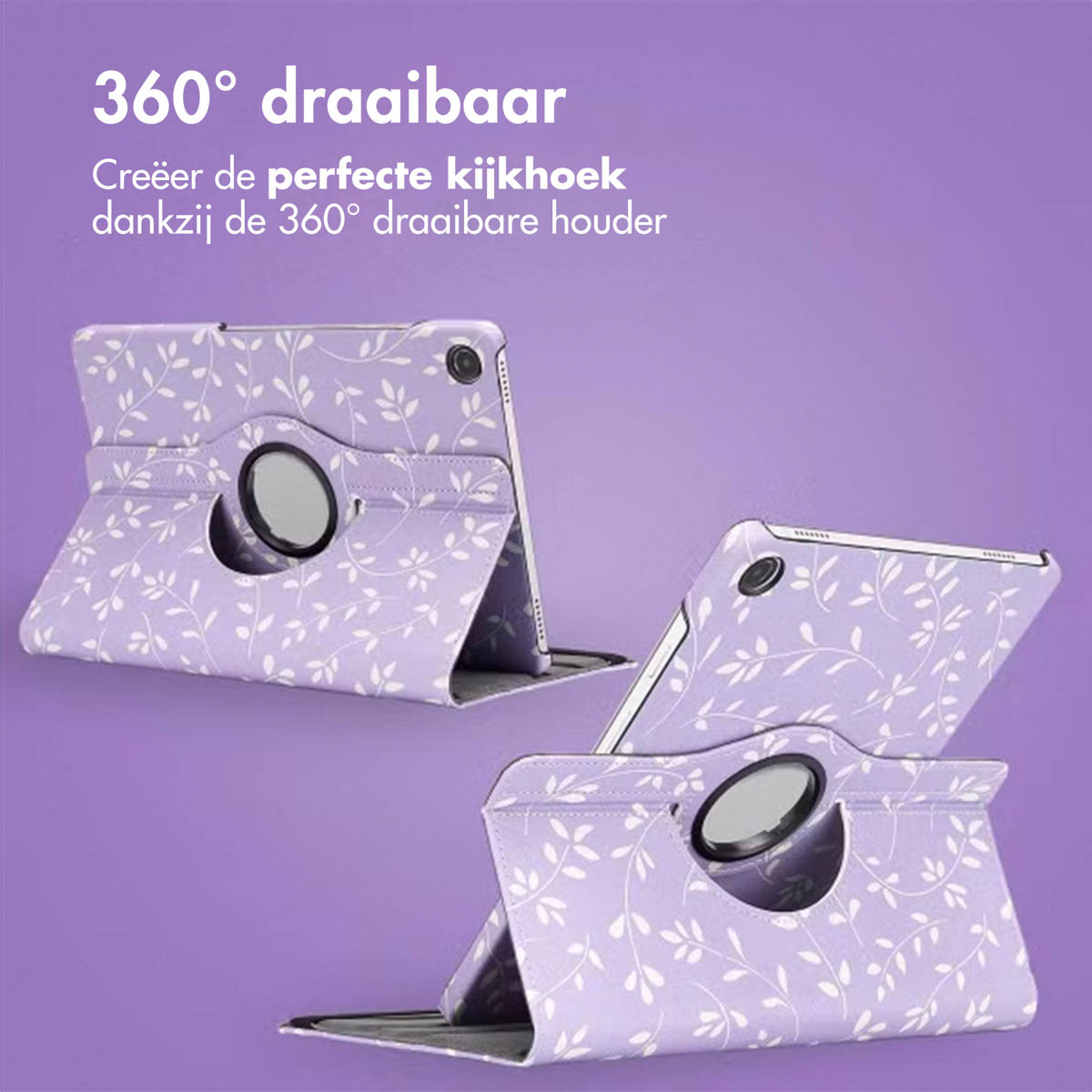 Three tablet cases, purple with white floral pattern, on a purple background. Text reads "360° draaibaar".