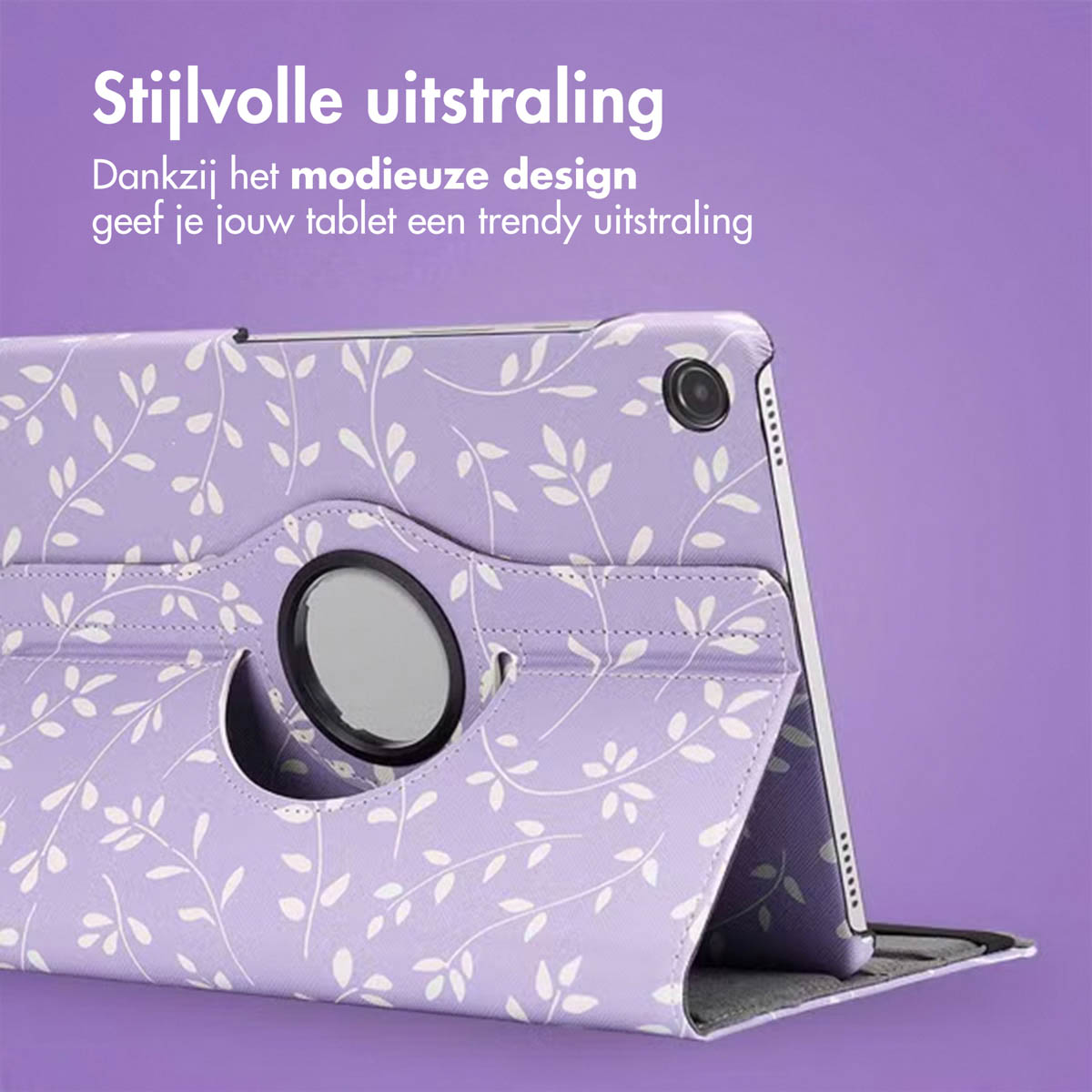 A purple tablet case with white leaf patterns, holding a tablet. Case has a rotating mechanism. The background is a solid purple.