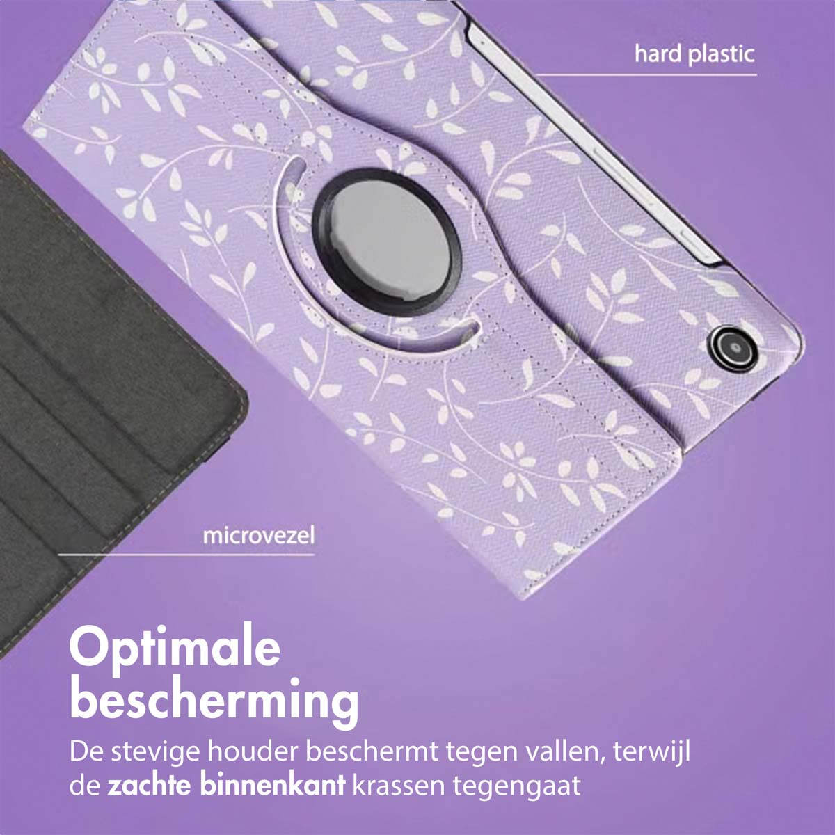 Purple tablet case with floral pattern. Features hard plastic and microfiber interior. Gray circle in the middle. Protective design.
