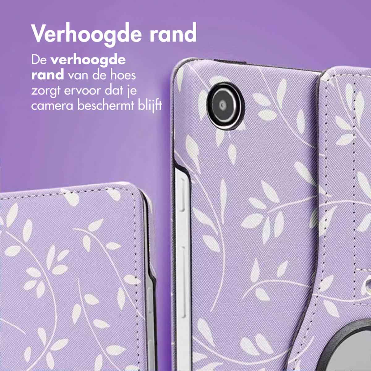 A close-up of a purple phone case with a floral pattern. The case protects the camera. Text says 'Verhoogde rand'.