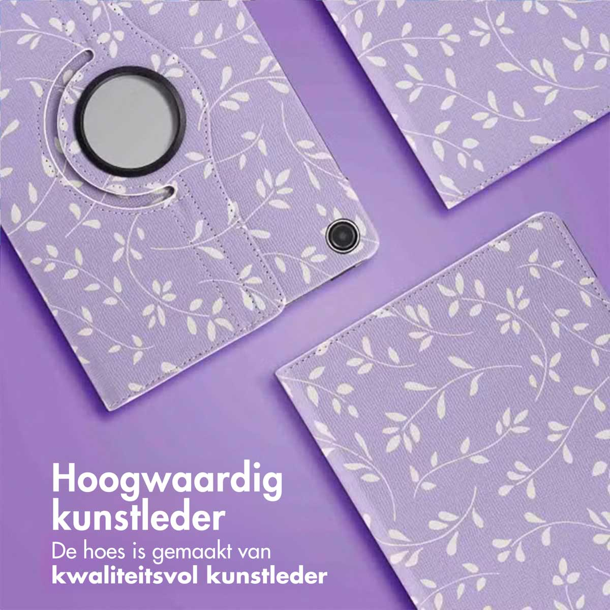 A purple tablet case with white leaf patterns. Text says 'High-quality leather'. The case is made of quality synthetic leather.