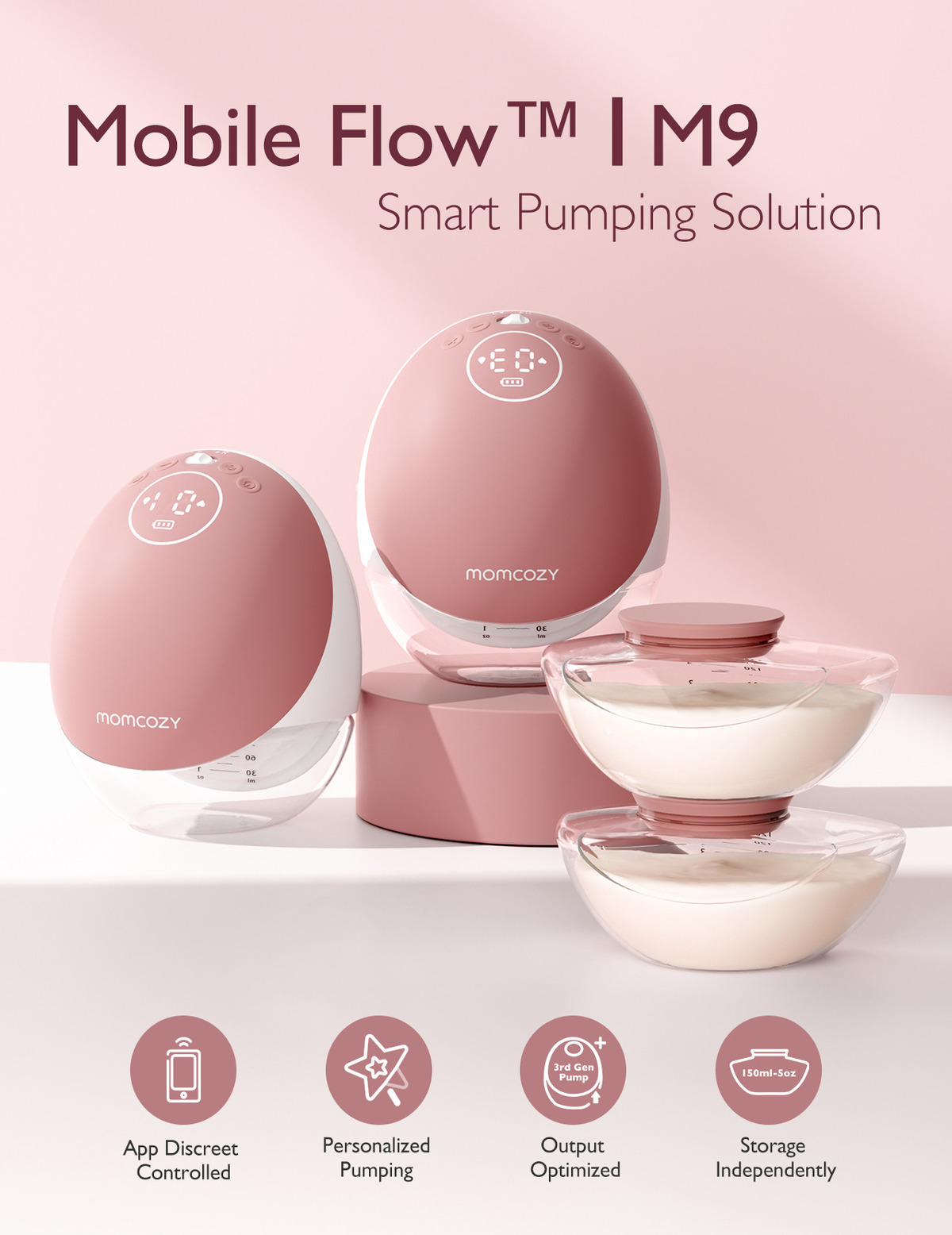 Juego de extractores de leche Momcozy rosa y blanco. Incluye extractores, recipientes para guardar leche e iconos de control de aplicaciones, bombeo, salida y almacenamiento.