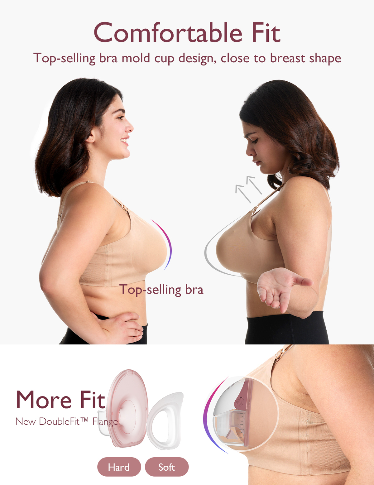 Due donne indossano reggiseni, evidenziando il design. Il testo include 'Comfortable Fit' e 'Top-selling bra'.