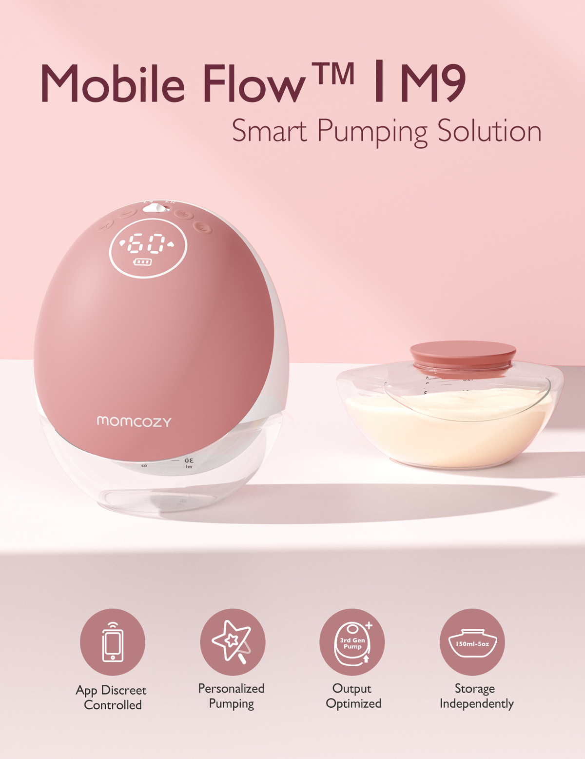 Extractor de leche rosa y blanco con pantalla, junto a un recipiente con leche materna. Texto: Mobile Flow M9 Smart Pumping Solution.