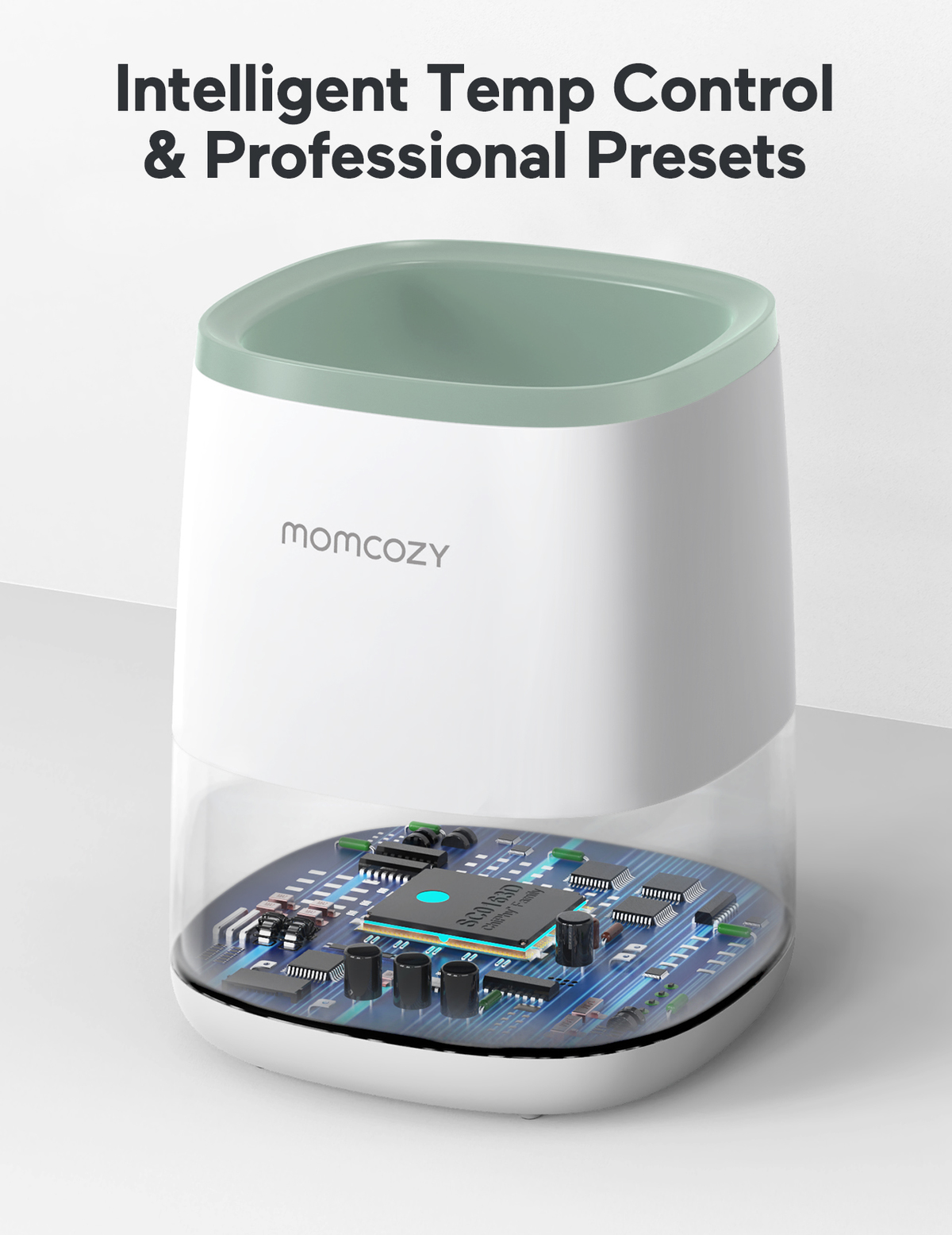 Biała i zielona podgrzewacz do butelek dla niemowląt z podstawą z płytki drukowanej. Widoczne logo Momcozy.