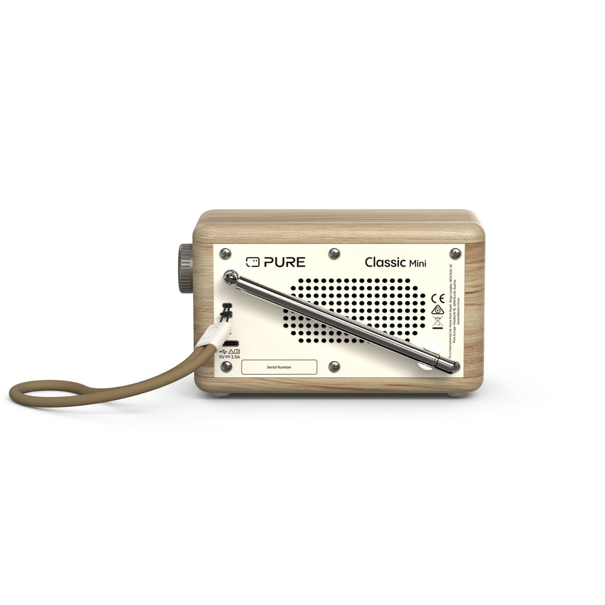 Una radio Classic Mini in legno con antenna. Ha un pannello frontale beige con fori neri per l'altoparlante. Un cavo marrone è collegato.
