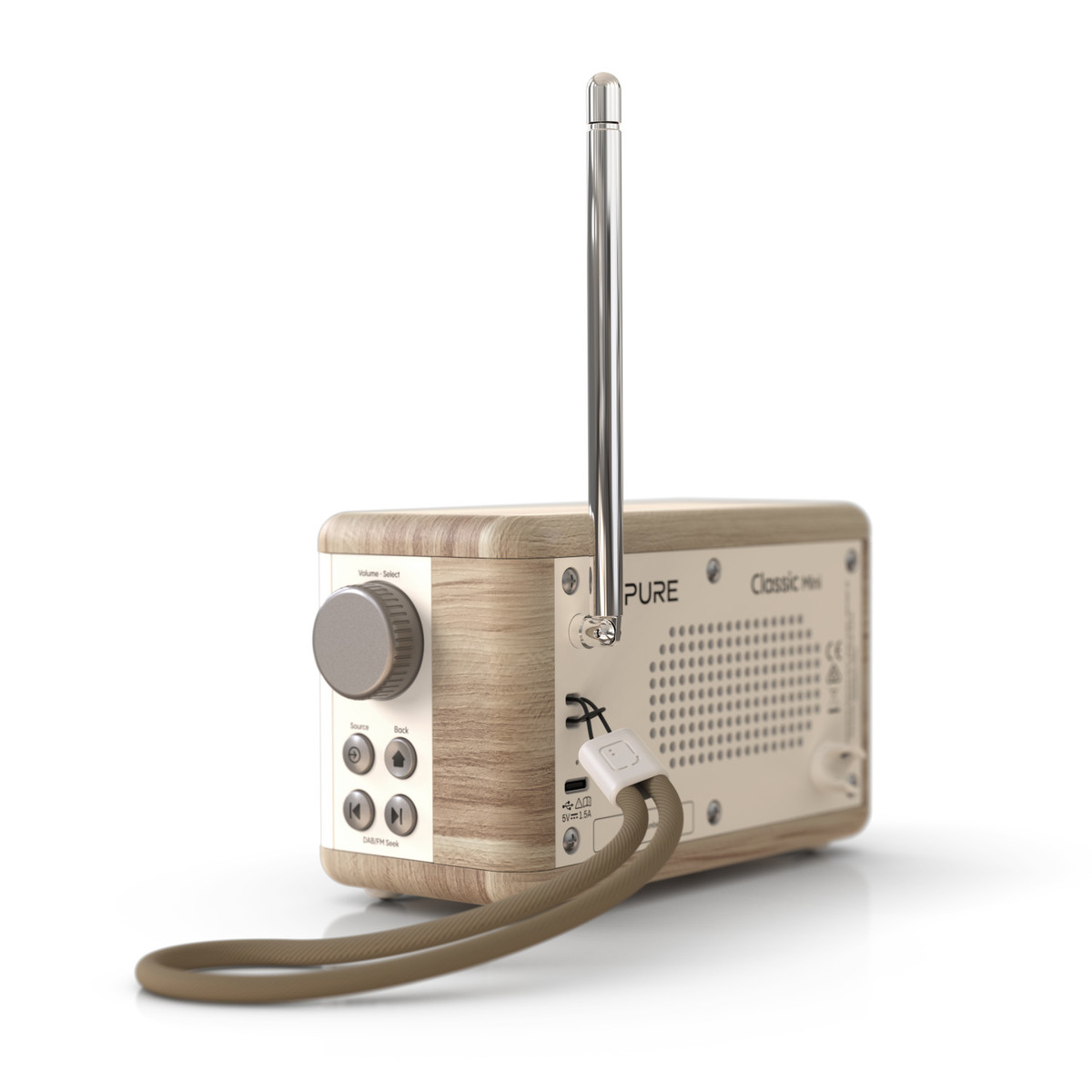 Una radio in legno con antenna argentata e cinturino marrone. Ha pulsanti e una manopola del volume. Il marchio è PURE Classic.