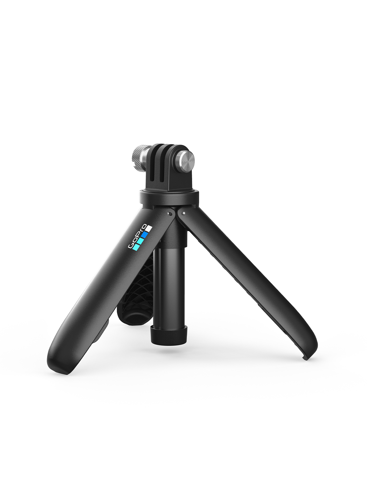 Un trípode negro de GoPro sobre fondo blanco. Tiene tres patas extendidas y un soporte para cámara. El logotipo de GoPro está en él.