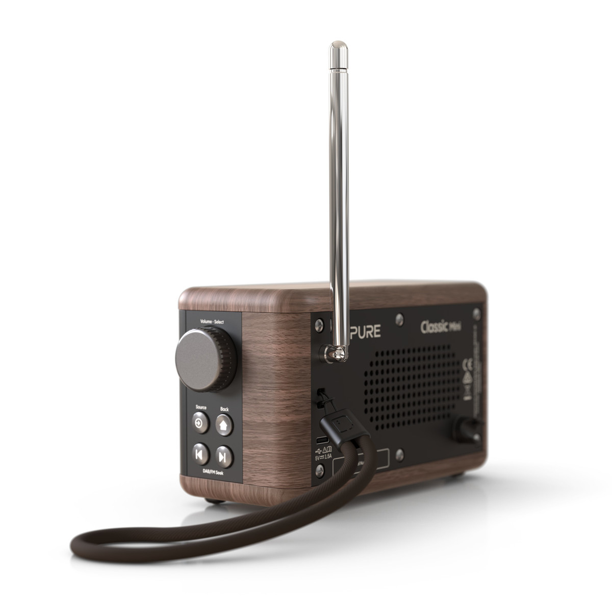 Una piccola radio in legno con antenna argentata. Ha pulsanti, una manopola del volume e un cavo nero con un anello.