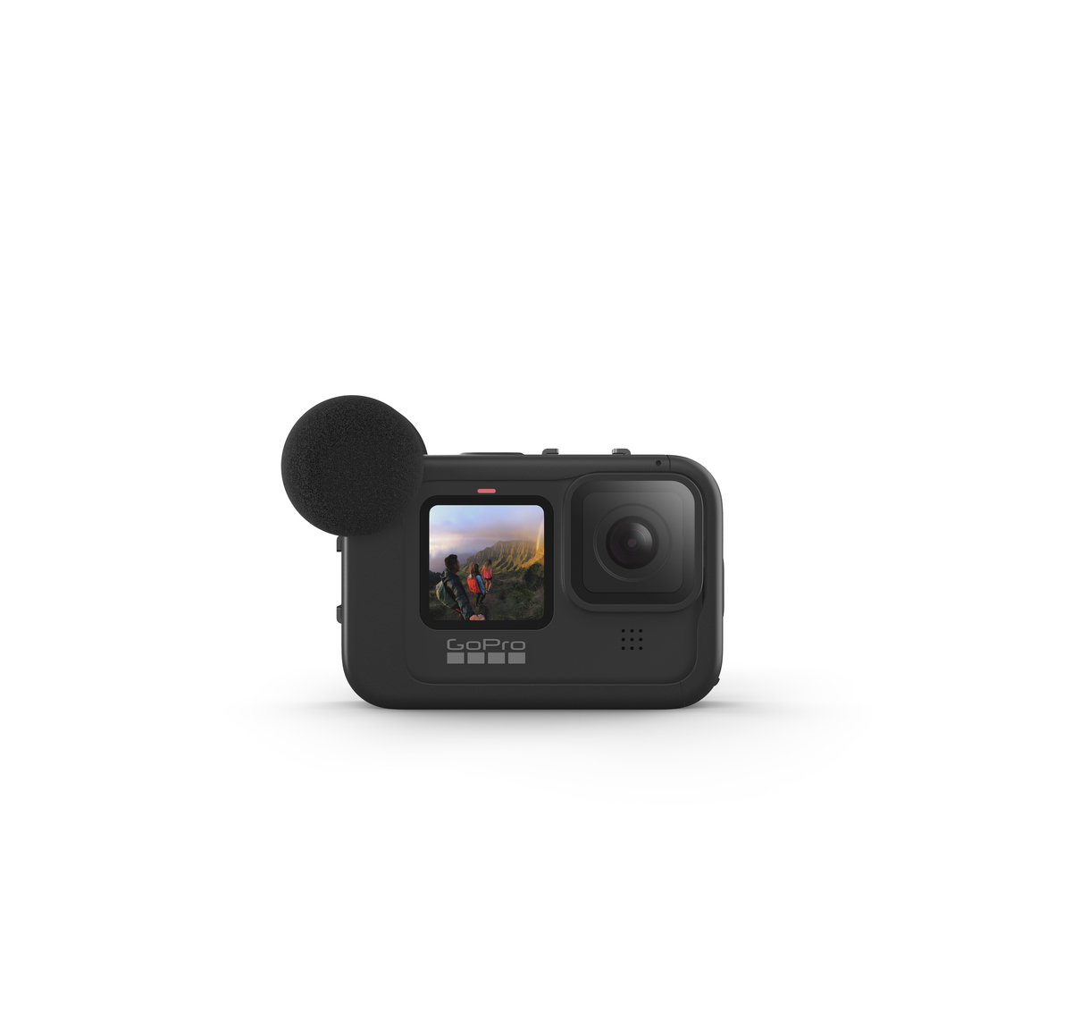 Eine schwarze GoPro-Kamera mit schwarzem Mikrofon. Der Bildschirm zeigt eine Landschaft mit Menschen. Der Hintergrund ist weiß.