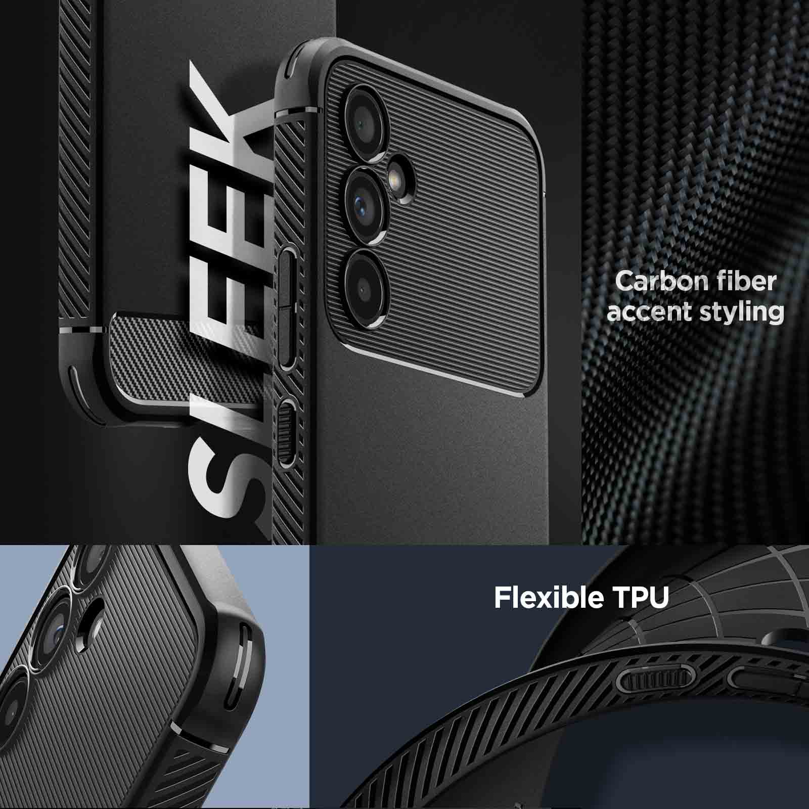 Custodia nera per telefono con texture in fibra di carbonio e lenti della fotocamera visibili. Testo: 'SLEEK' e 'Carbon fiber accent styling'.