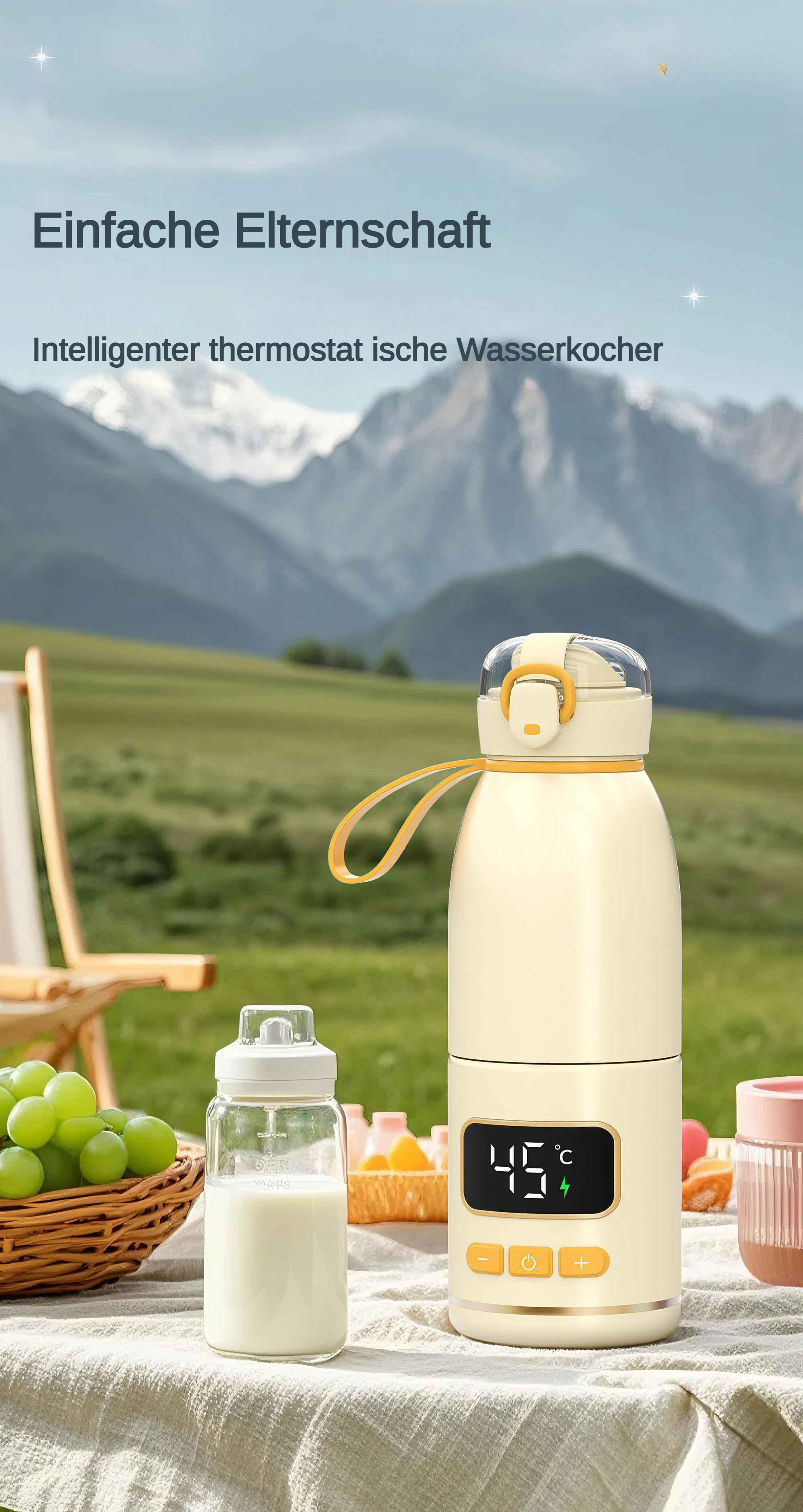 Eine Szene im Freien zeigt eine Wasserflasche mit Temperaturanzeige. Eine Glasflasche mit Milch ist in der Nähe. Grüne Trauben sind in einem Korb.