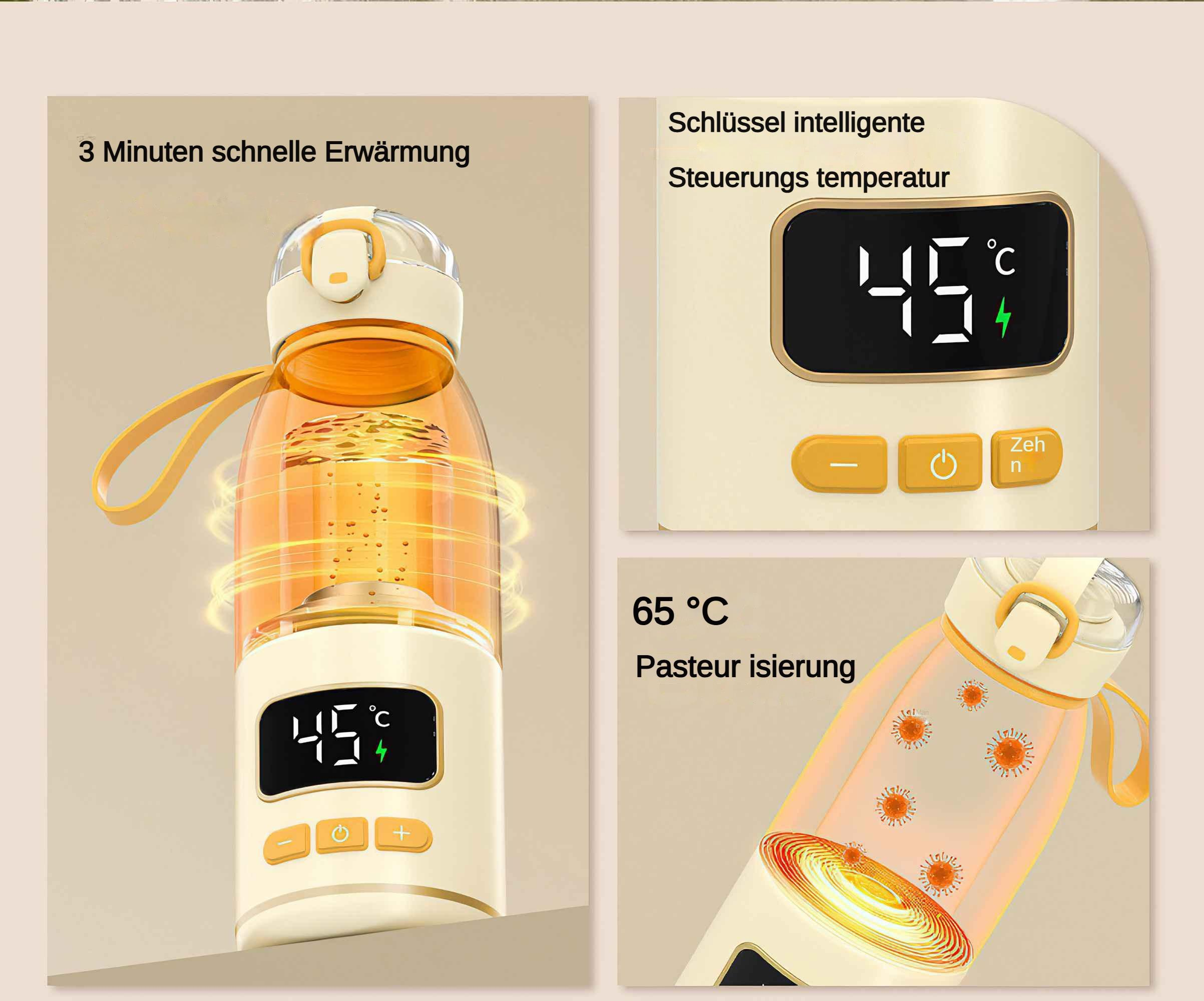 Eine orangefarbene Wasserflasche mit Digitalanzeige, die 45°C anzeigt. Text zeigt 3-Minuten-Erwärmung und Pasteurisierung an.