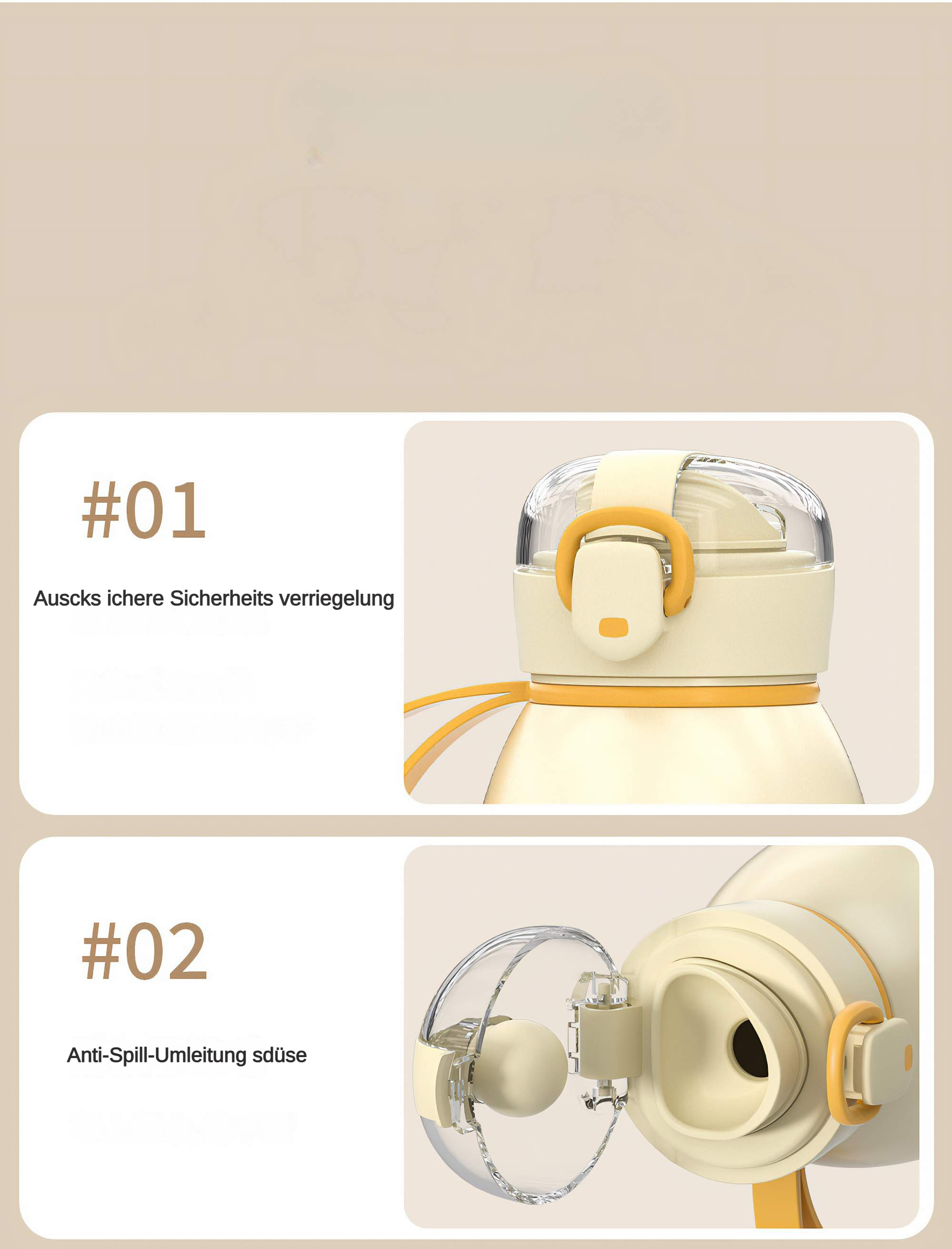 Eine Flasche mit Sicherheitsverschluss und Anti-Tropf-Ausguss. Beige und Gelb dominieren.
