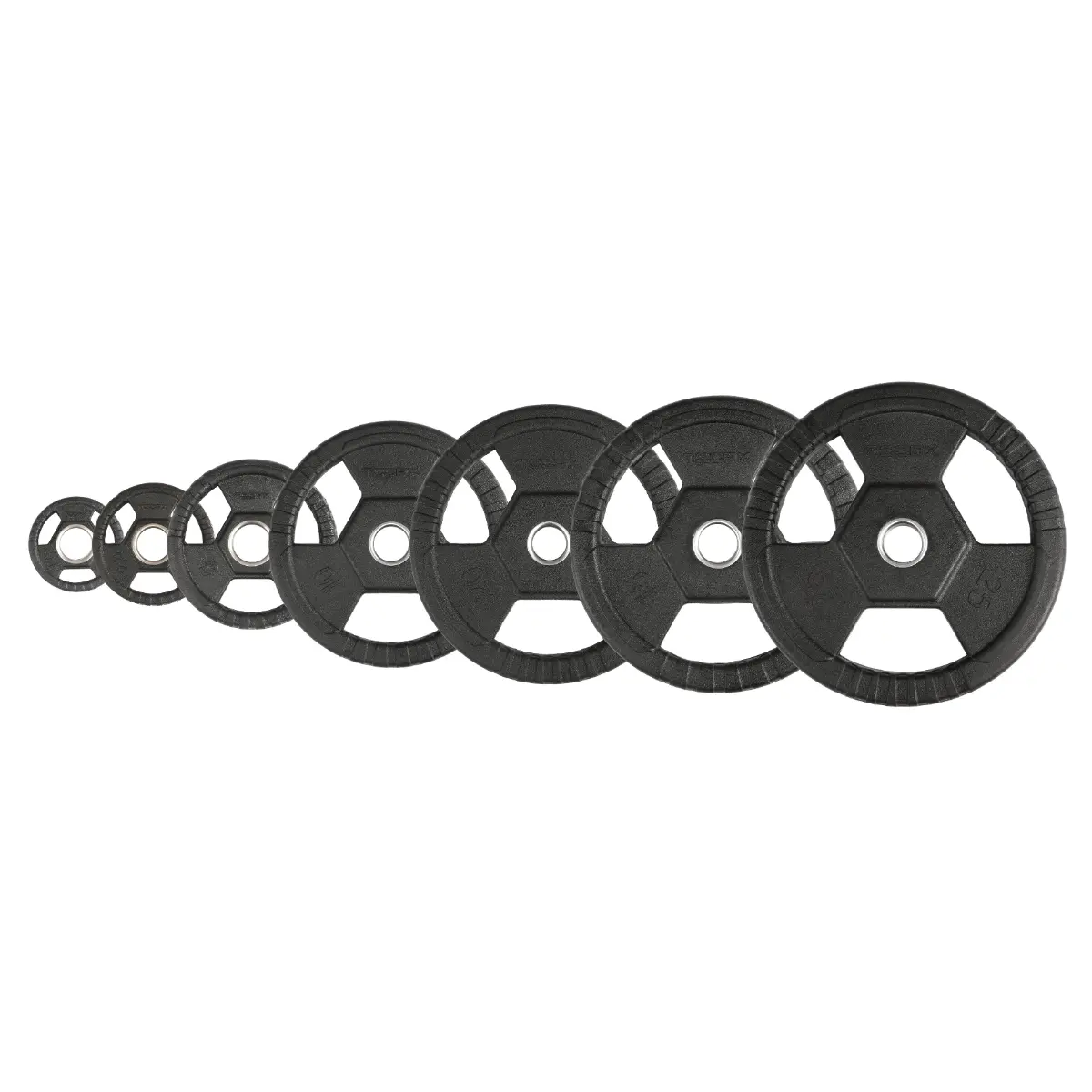 Sieben schwarze Gewichtsplatten sind in einer Reihe angeordnet, von rechts nach links abnehmend, vor weißem Hintergrund.