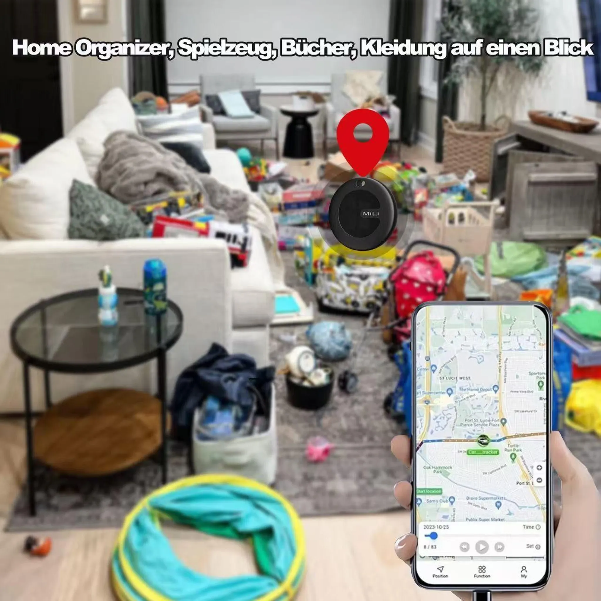 Ein unordentliches Wohnzimmer hat Spielzeug, Bücher und Kleidung. Ein Telefon mit Karte wird hochgehalten. Ein Tracker und ein roter Pin sind vorhanden.