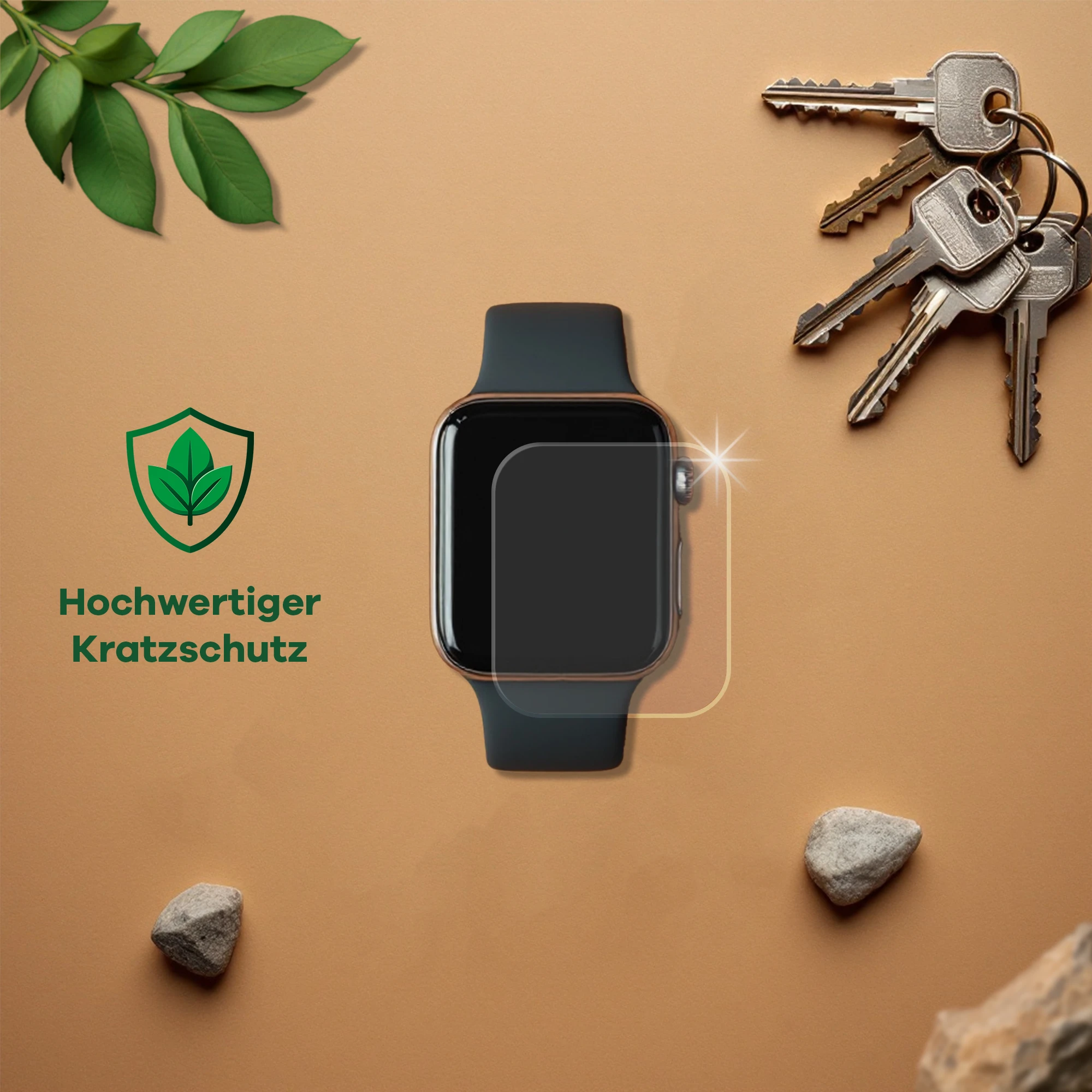Eine Apple Watch mit Displayschutz, Schlüsseln, Blättern, Steinen und einem Logo auf braunem Untergrund.
