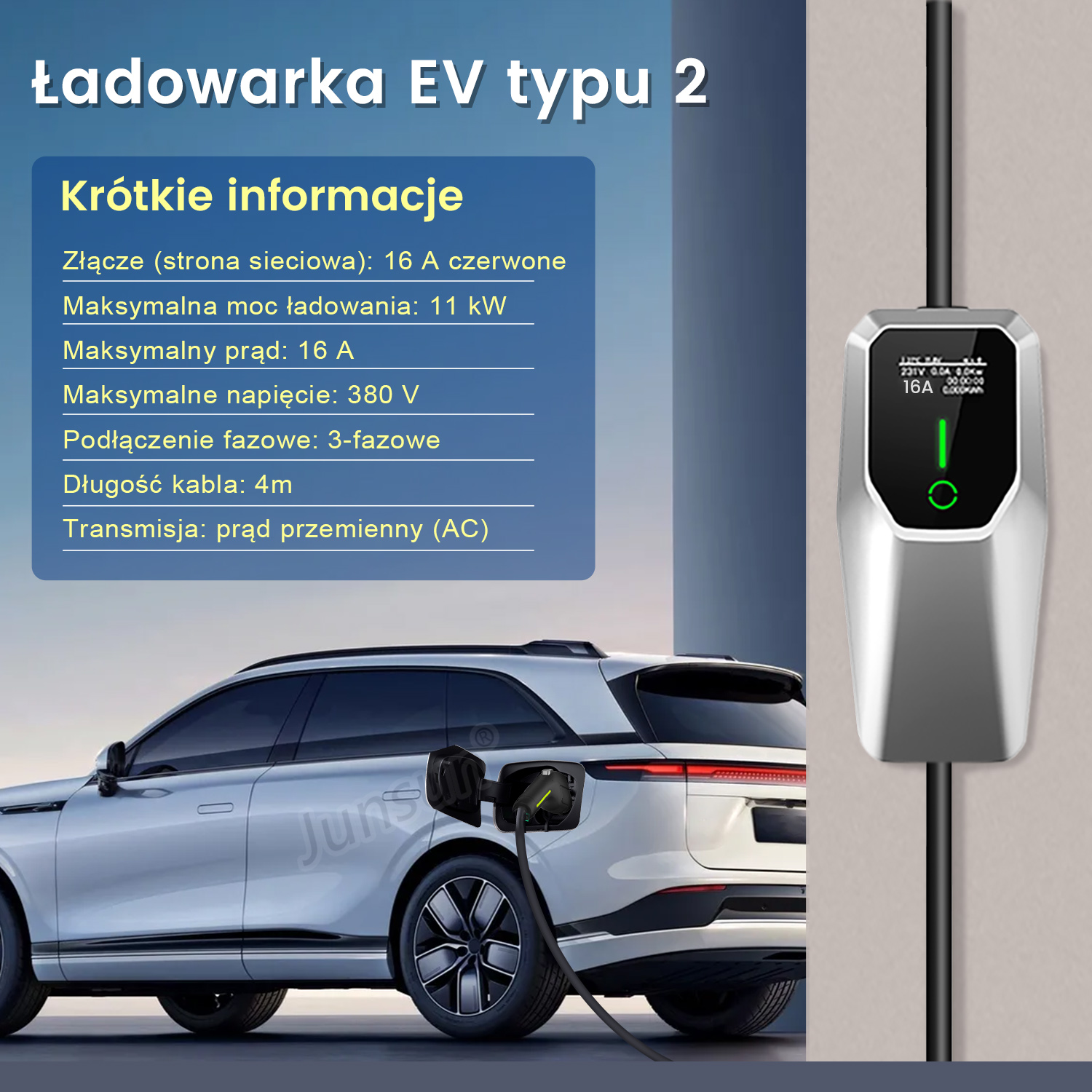 Samochód elektryczny ładujący się na stacji. Stacja wyświetla informacje o ładowaniu. Tekst po lewej stronie z danymi technicznymi, kabel do auta.