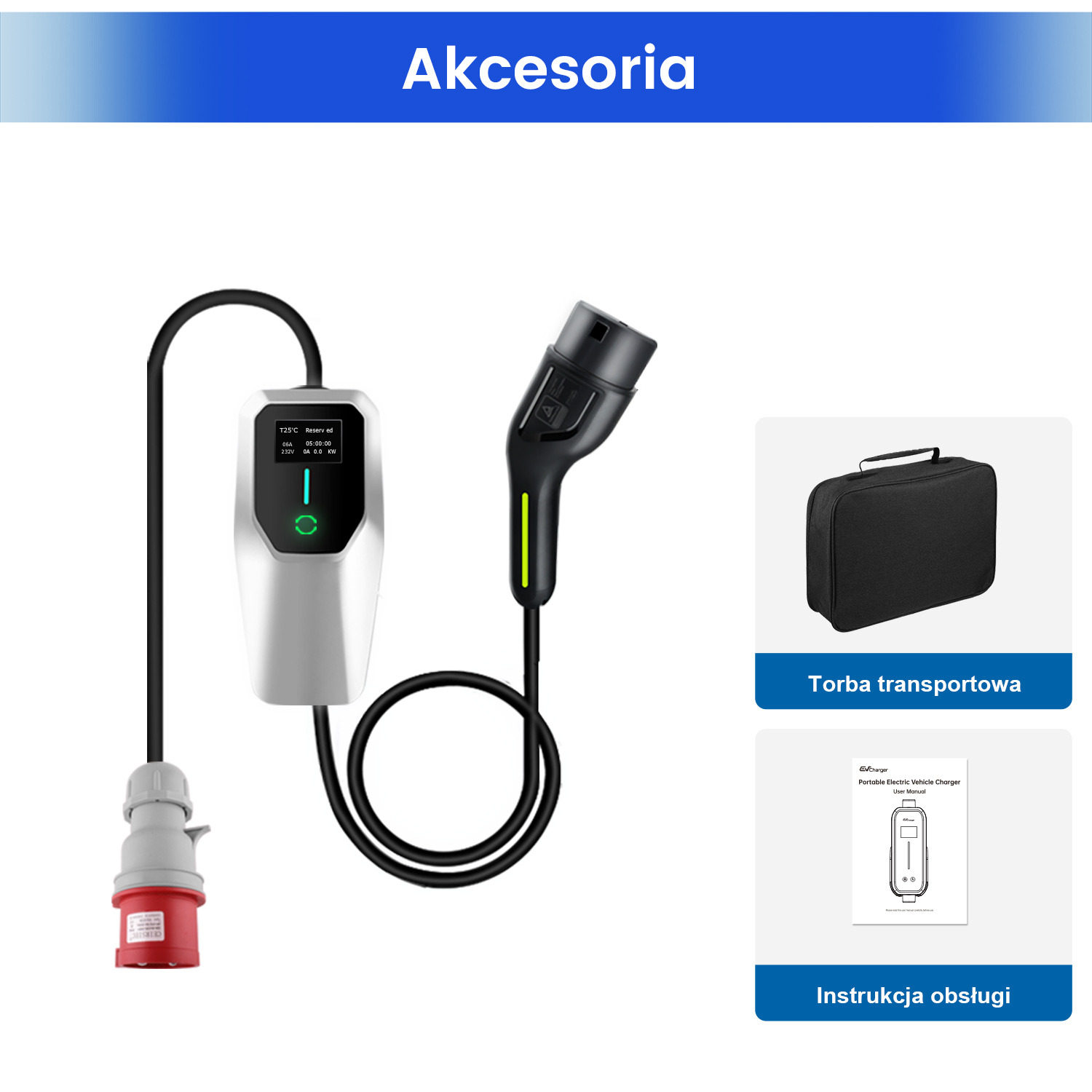 Obrazek przedstawia ładowarkę do pojazdów elektrycznych, torbę transportową i instrukcję obsługi. Ładowarka jest podłączona do gniazdka.