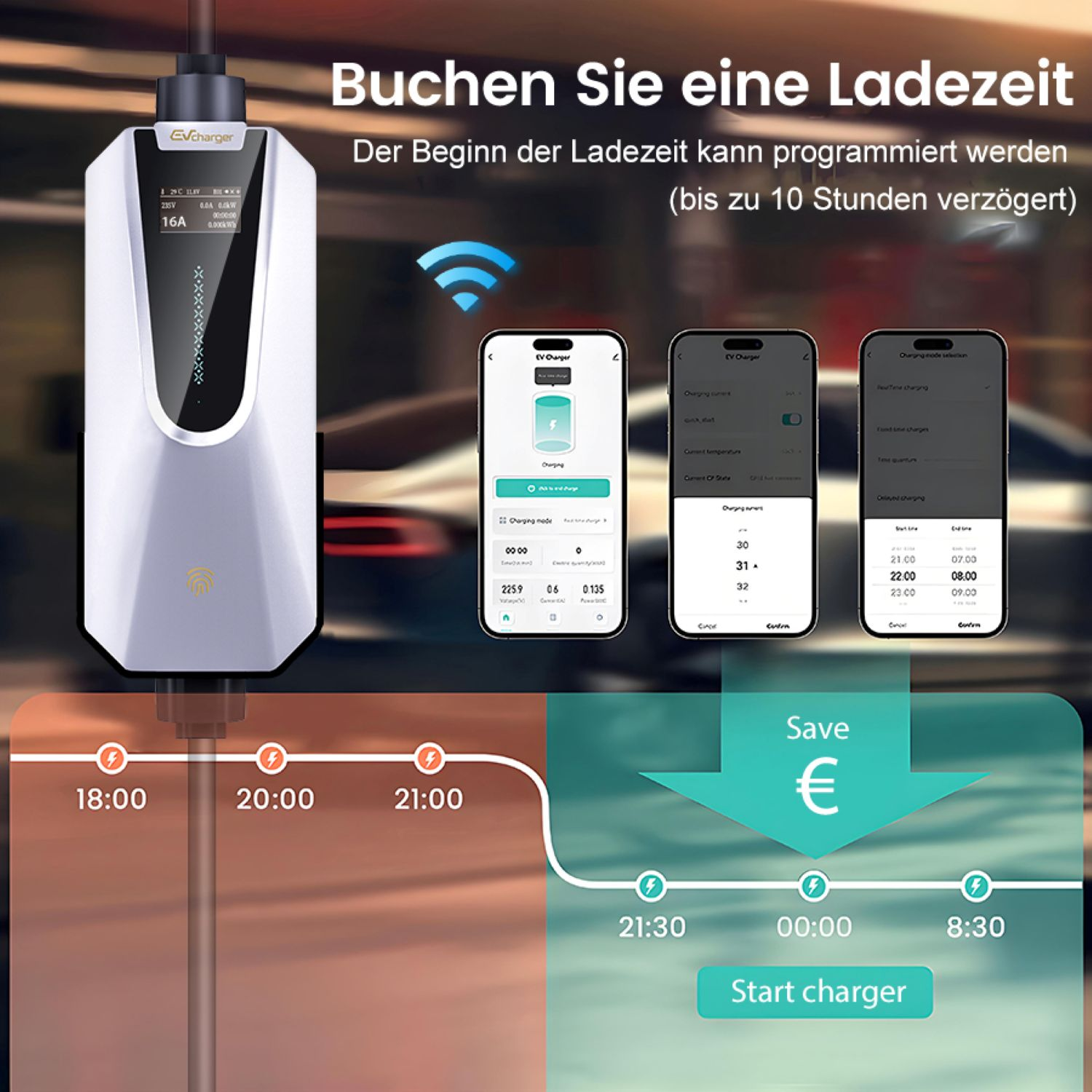 Das Bild zeigt ein EV-Ladegerät mit Telefonoberflächen zur Planung von Ladezeiten. Zeigt Zeitoptionen und eine Schaltfläche 'Ladegerät starten'.