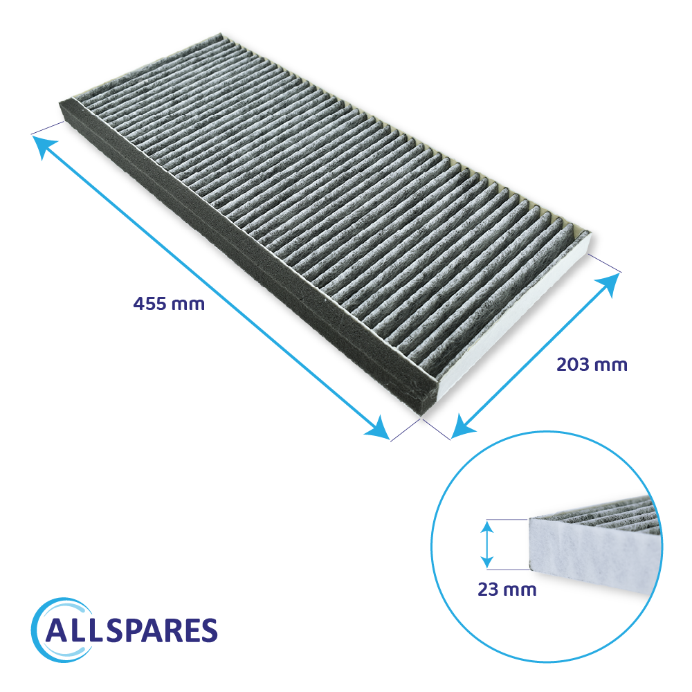 Rechteckiger Auto-Luftfilter. Abmessungen: 455 mm x 203 mm x 23 mm. Graues, plissiertes Filtermaterial, schwarzer Rahmen, weißer Rand.
