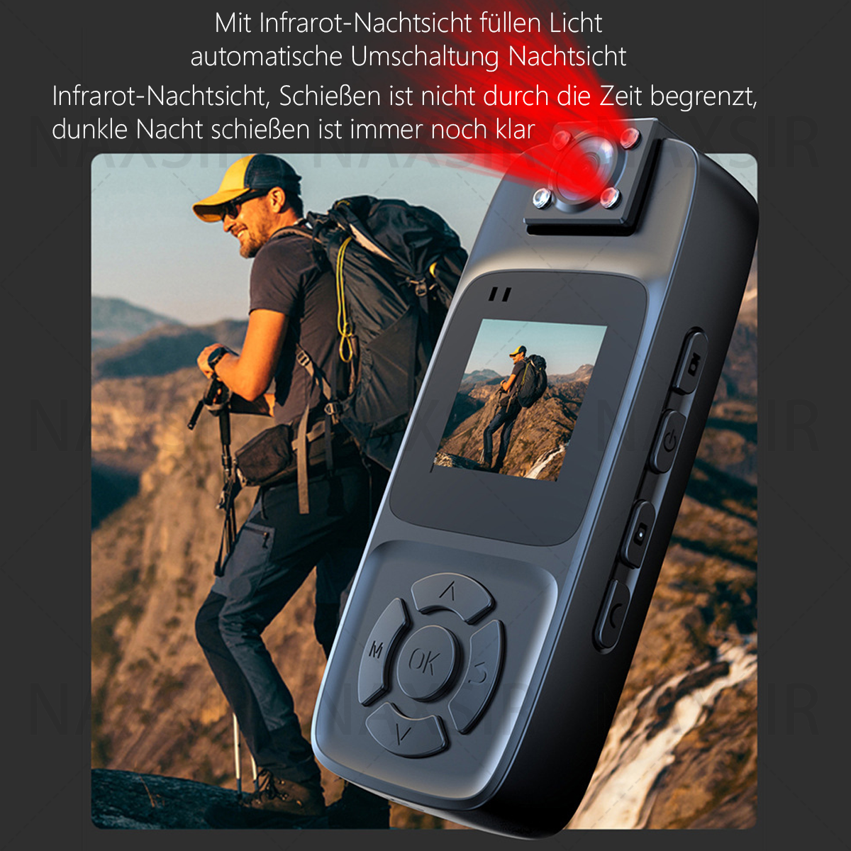 Ein Mann wandert mit einer Kamera, die einen Bildschirm hat, der ihn beim Wandern zeigt. Die Kamera hat Knöpfe und ein rotes Licht.