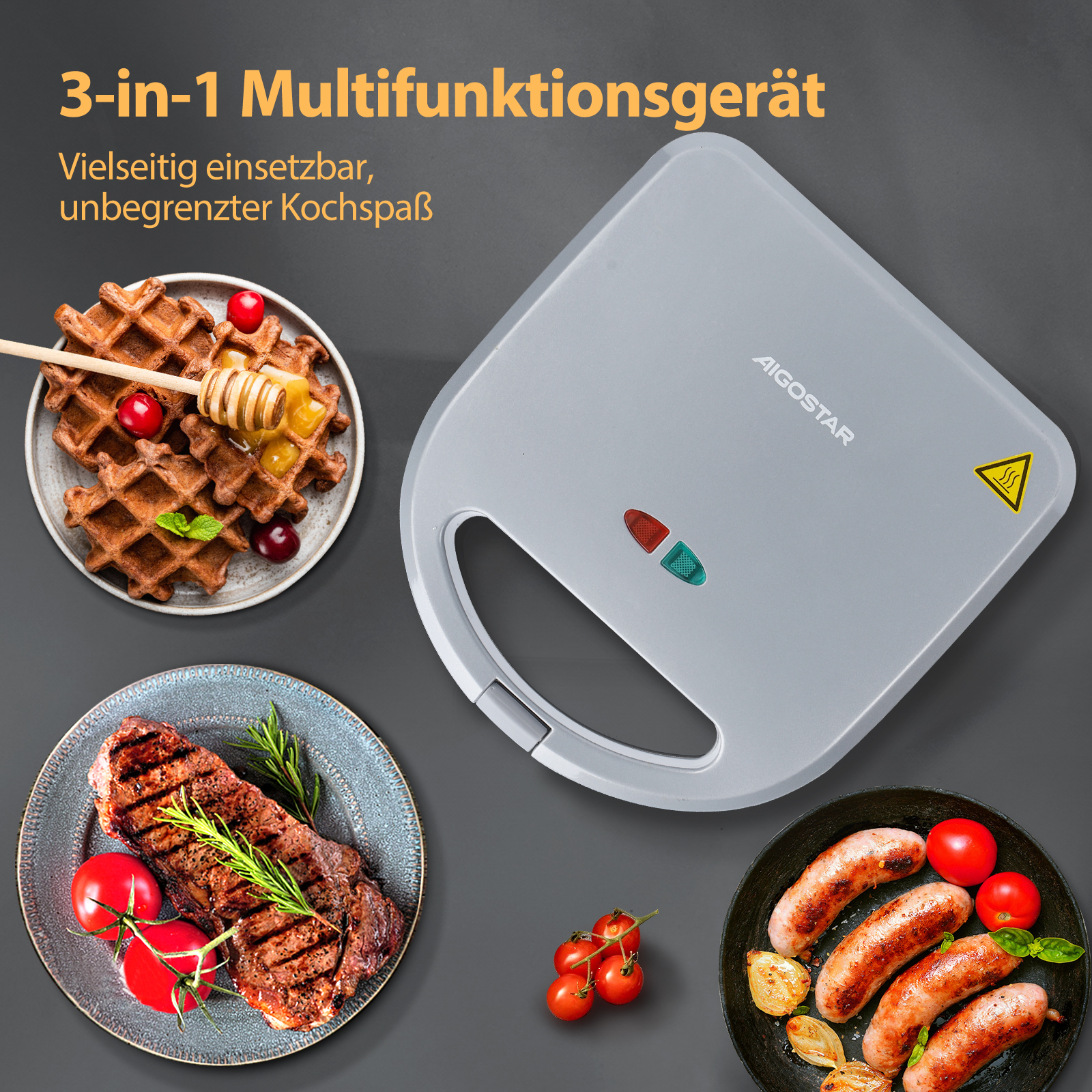 Ein 3-in-1-Gerät mit Waffeln, Steak und Würstchen. Das Gerät ist grau, mit Kontrollleuchten und einem Griff. Das Essen ist auf Tellern.