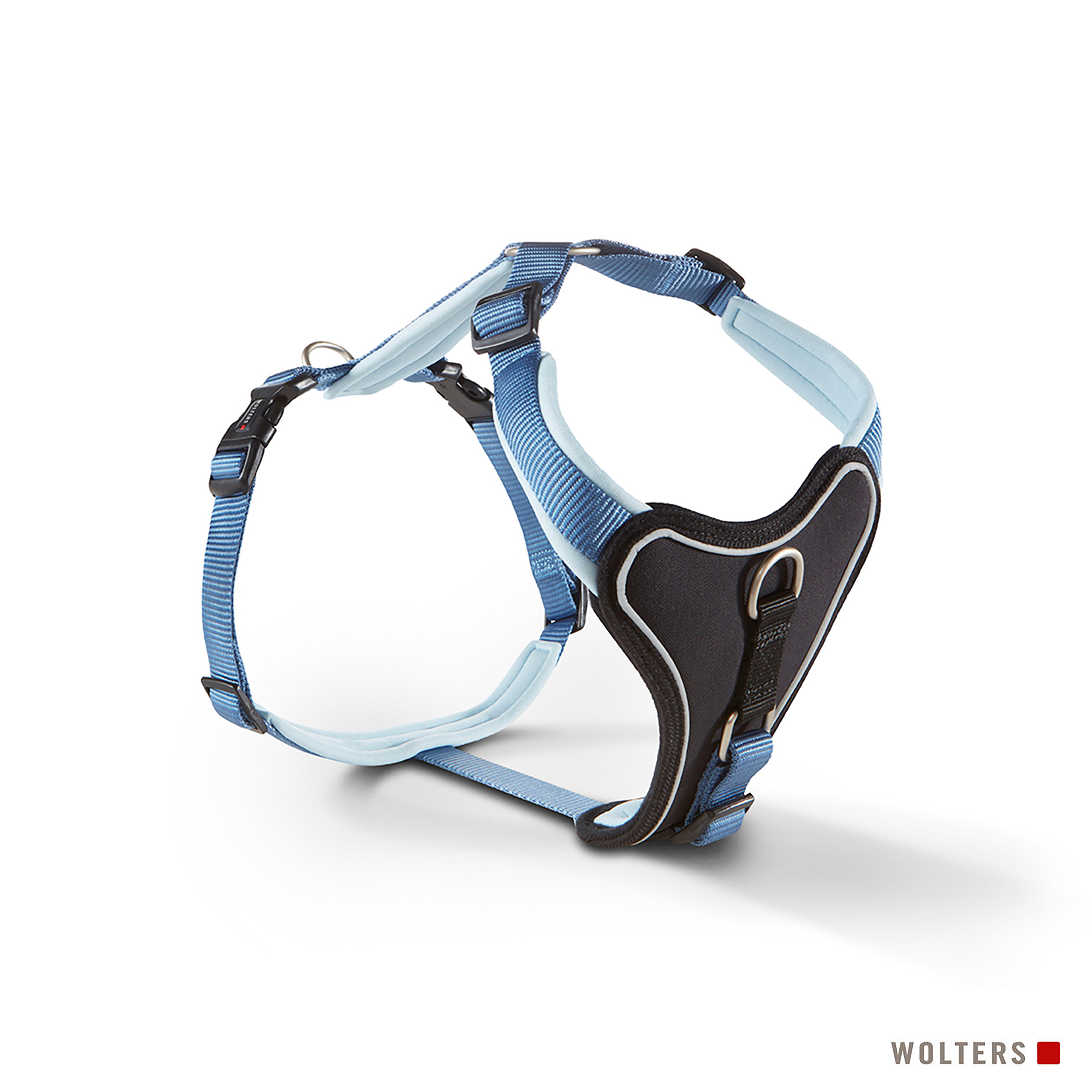 Hunde harness in Blau und Schwarz, vor weißem Hintergrund. Das Geschirr hat ein schwarzes Brustteil und einen reflektierenden Rand.