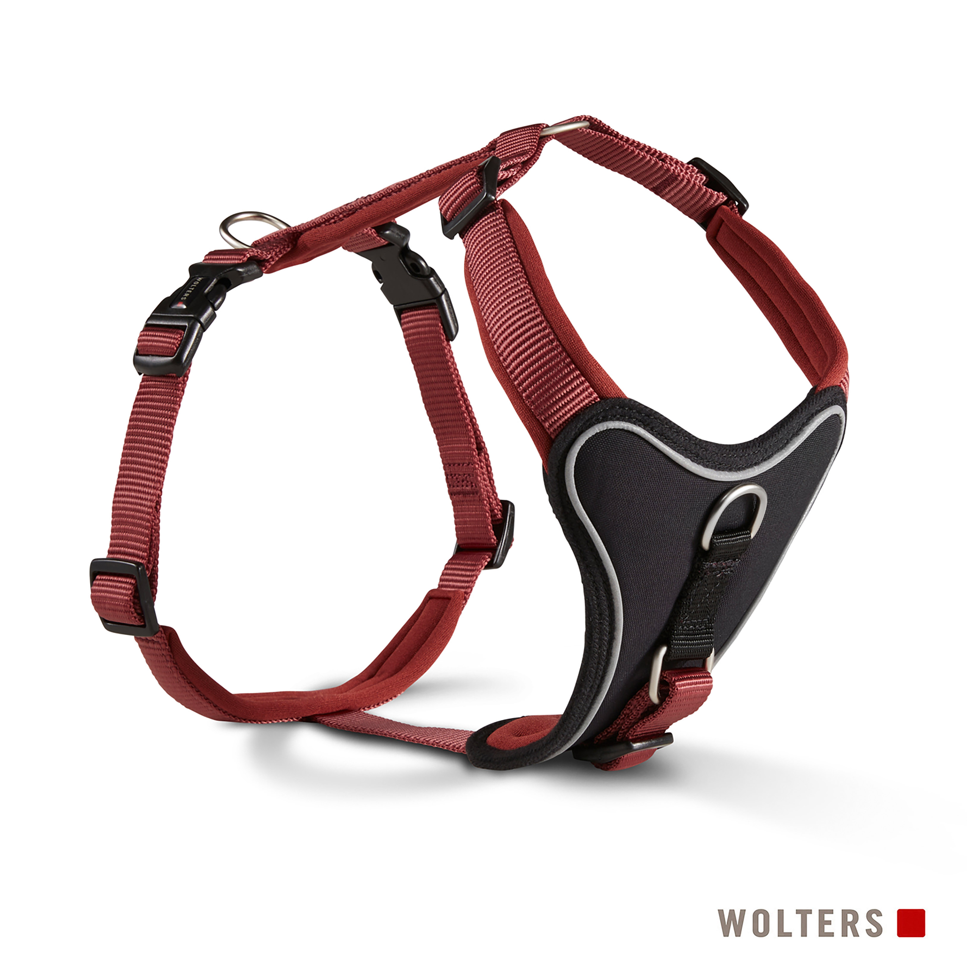 Ein rot-schwarzes Hundegeschirr mit silbernen Ringen und schwarzen Schnallen. Der Hintergrund ist weiß, der Markenname unten.