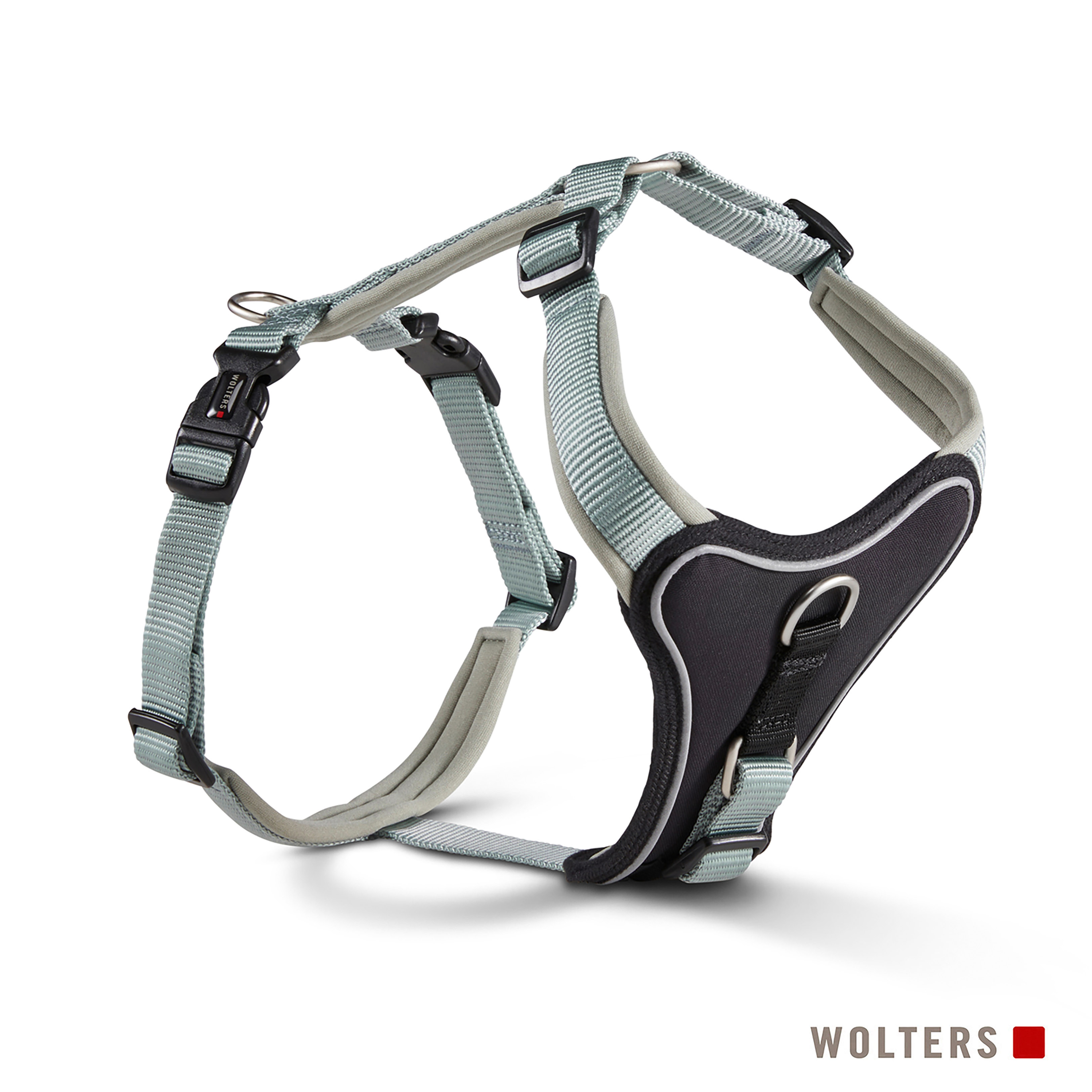 Hunde-Geschirr, grau und schwarz, vor weißem Hintergrund. Es hat verstellbare Gurte, Polsterung und einen Metallring.