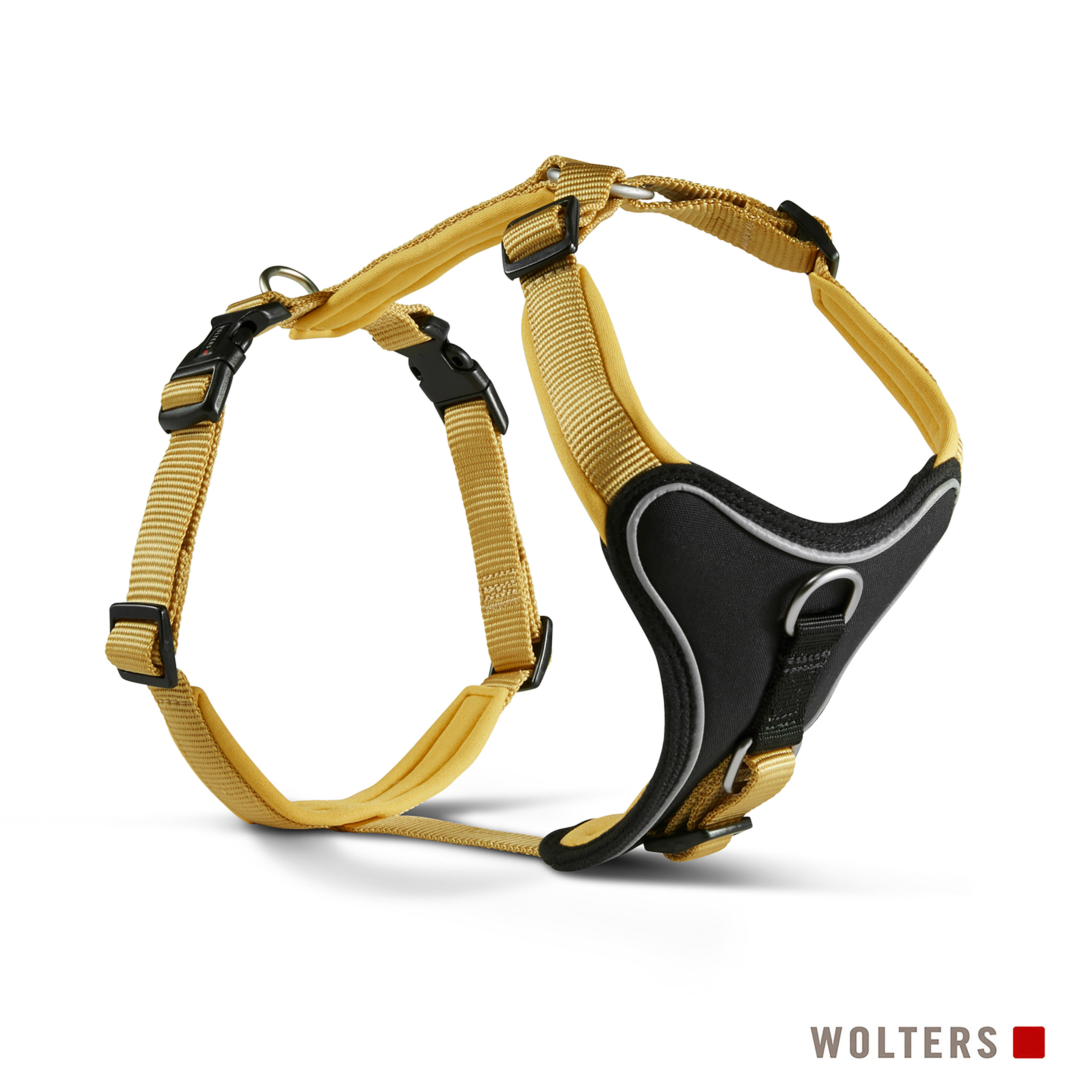 Ein Hundegeschirr wird gezeigt. Es ist gold und schwarz, mit verstellbaren Riemen und Schnallen. Der Markenname ist sichtbar.