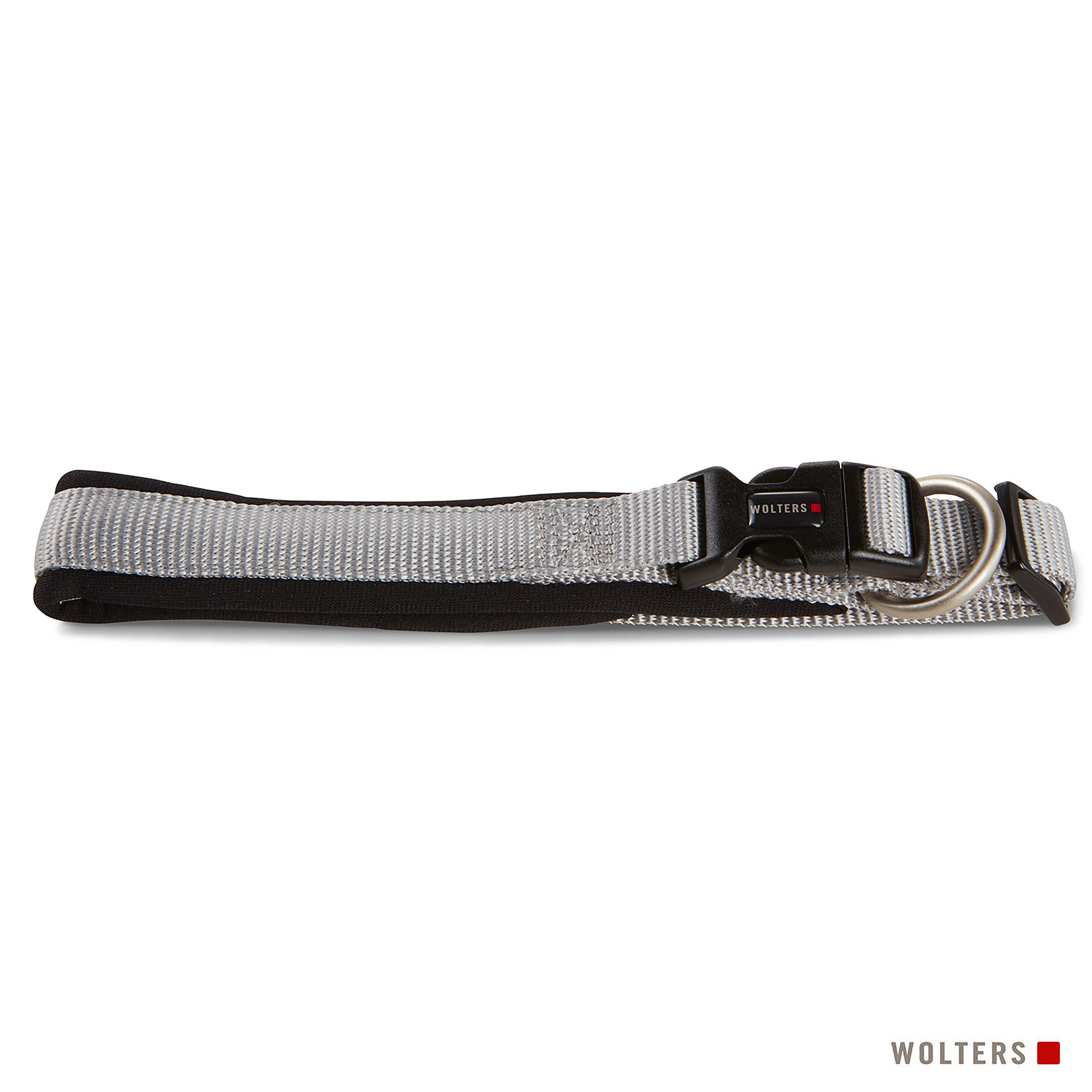 Ein grau-schwarzes Hundehalsband mit schwarzer Schnalle und Metallring. Die Marke ist Wolters.