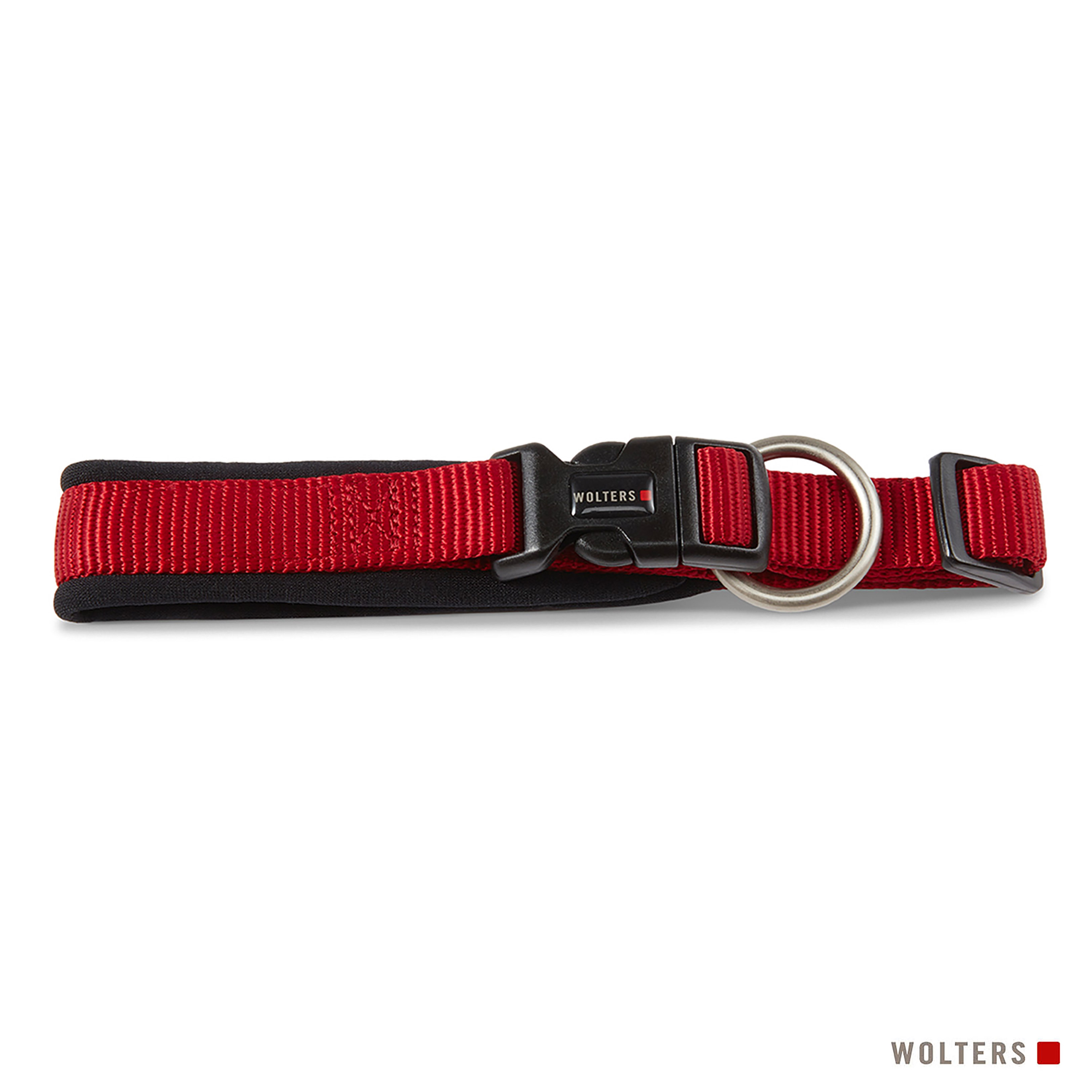 Ein rot-schwarzes Hundehalsband mit schwarzer Schnalle, silbernem Ring und dem Markennamen 'Wolters'.