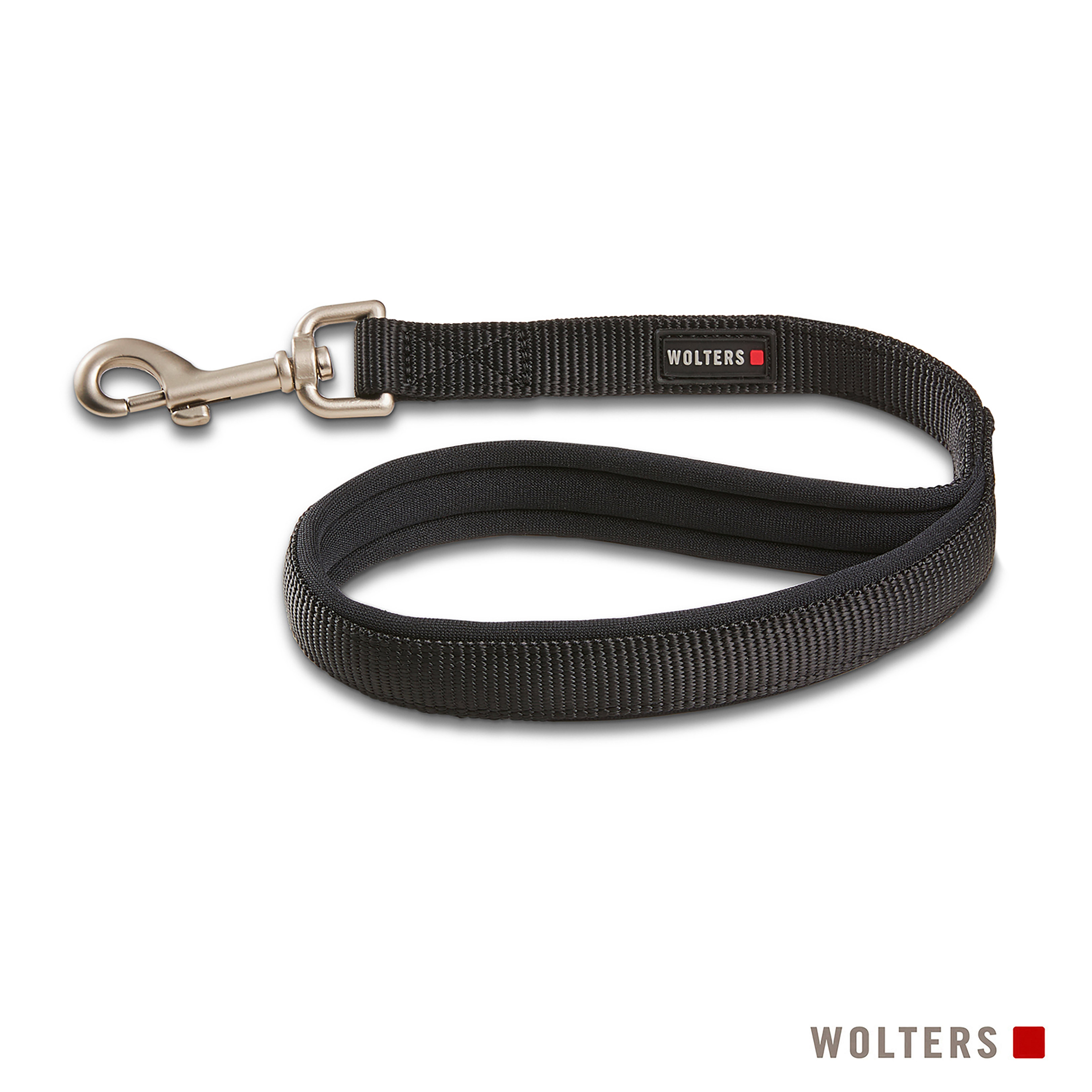 Eine schwarze Hundeleine mit Metallverschluss. Der Markenname 'WOLTERS' ist auf der Leine aufgedruckt. Weißer Hintergrund.
