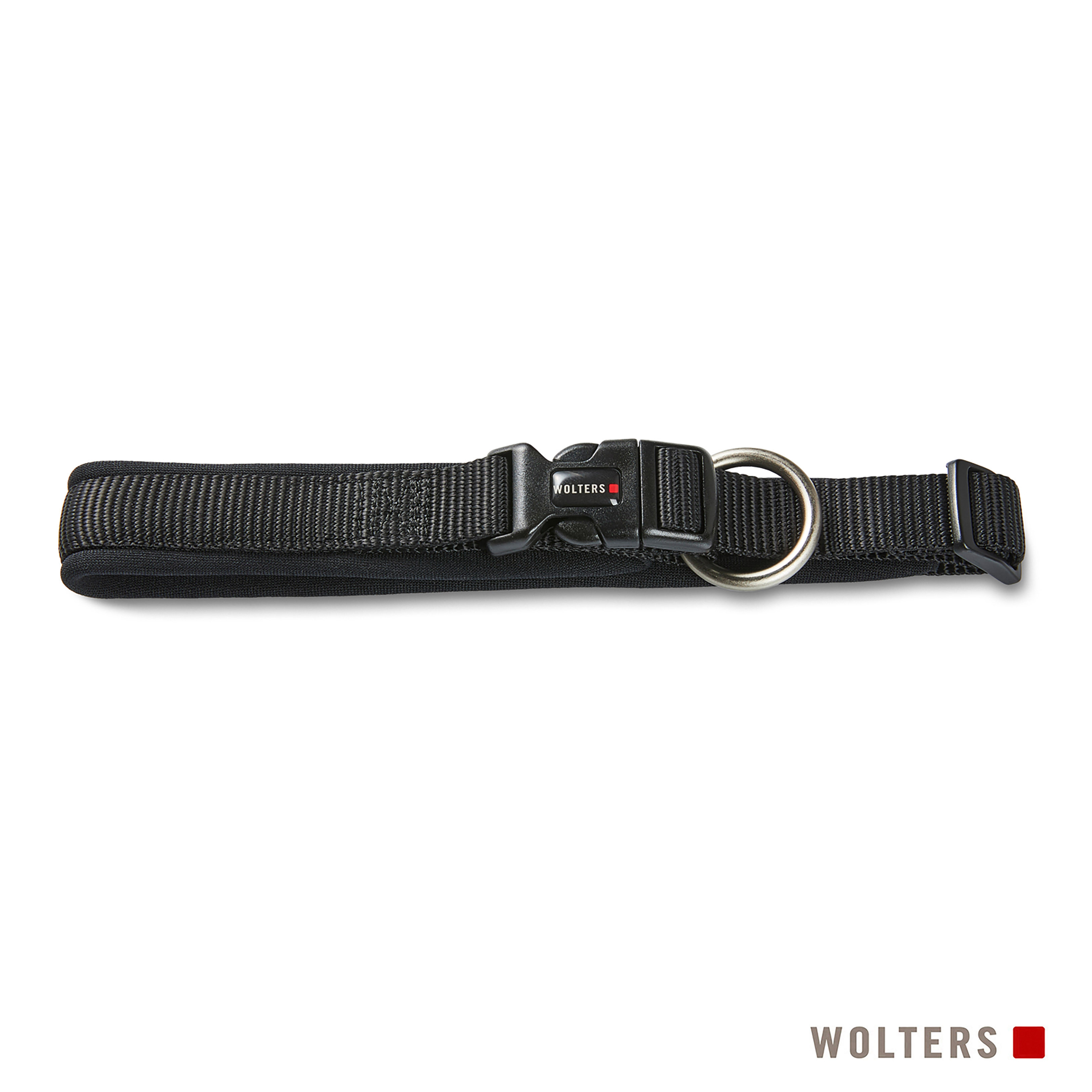 Schwarzes Hundehalsband mit Metallring und Kunststoffschnalle, Markenname 'WOLTERS'. Isoliert auf weißem Hintergrund.