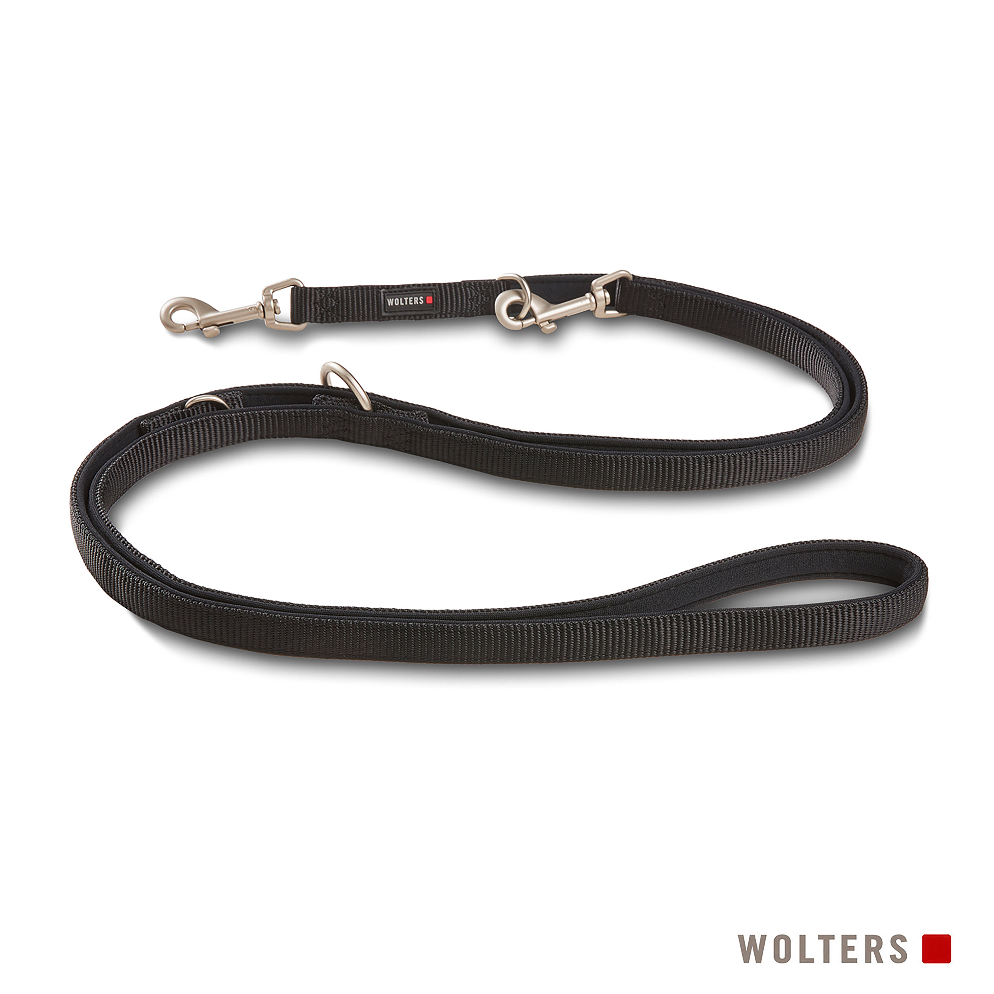 Schwarze Hundeleine mit zwei Metallverschlüssen und einem Griff. Die Marke WOLTERS ist sichtbar.