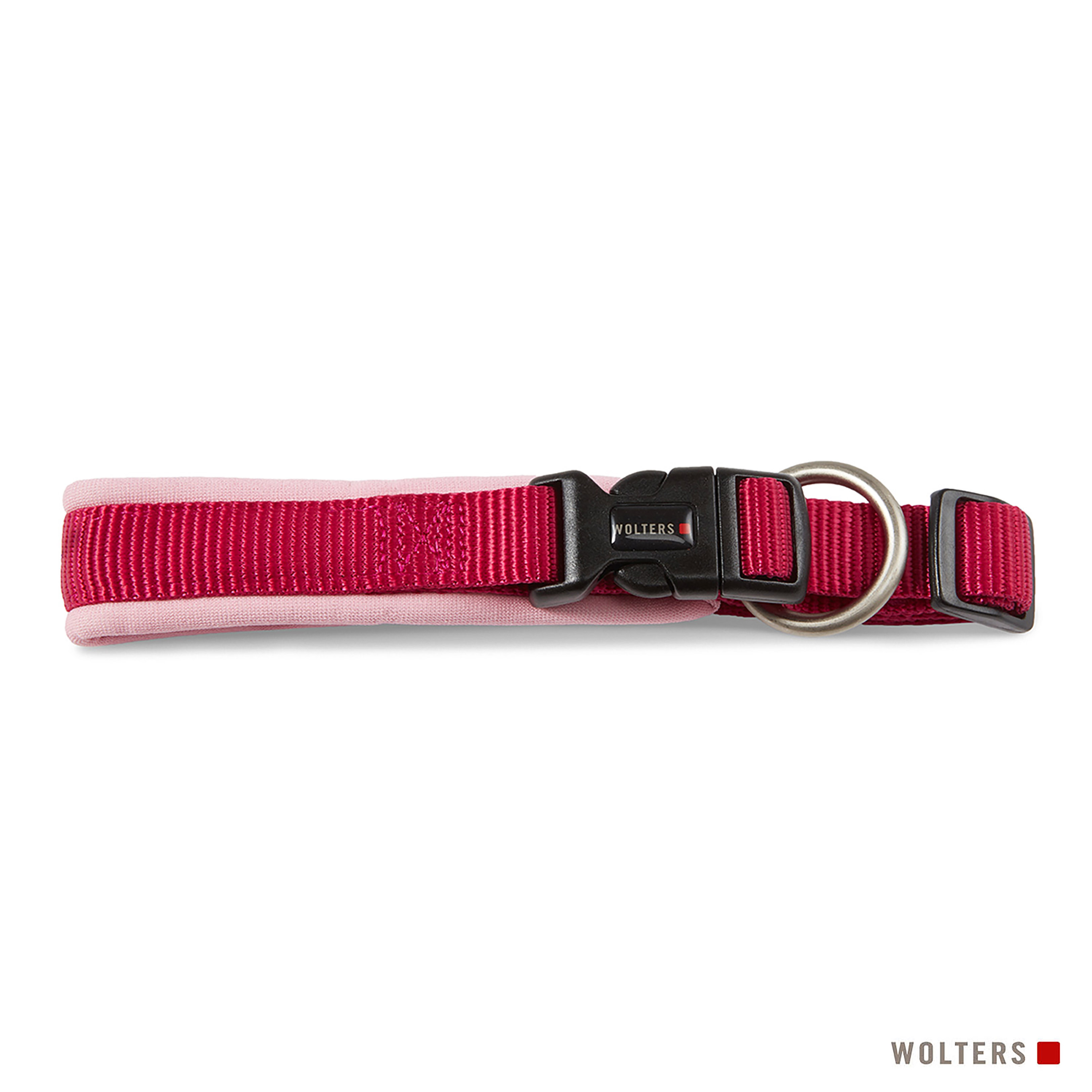 Ein rosa-rotes Hundehalsband mit schwarzer Schnalle und silbernem Ring. Der Markenname 'WOLTERS' ist sichtbar.