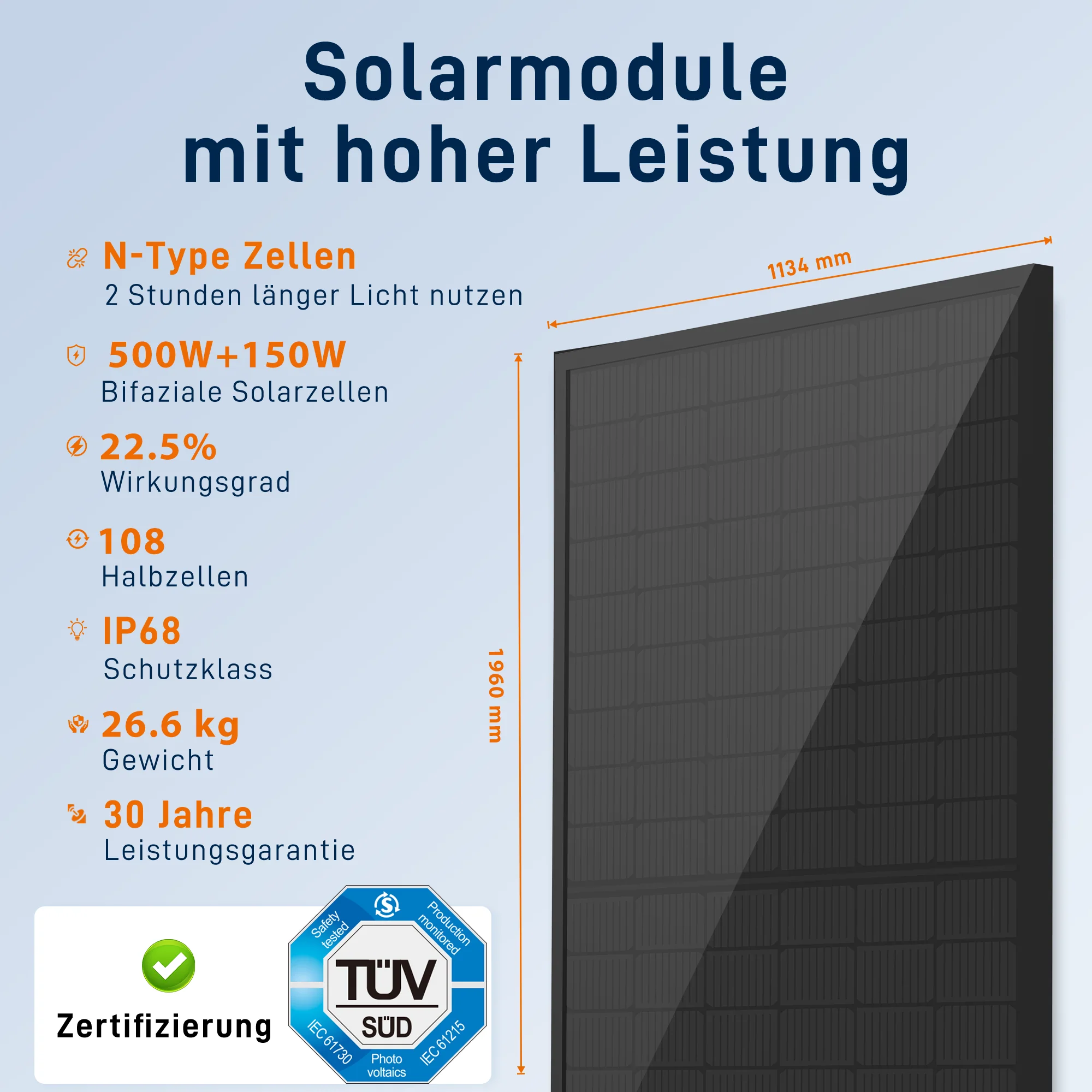 Ein großes, dunkles Solarpanel wird mit detaillierten Spezifikationen und Zertifizierungen angezeigt, einschließlich Abmessungen und Effizienzdaten.