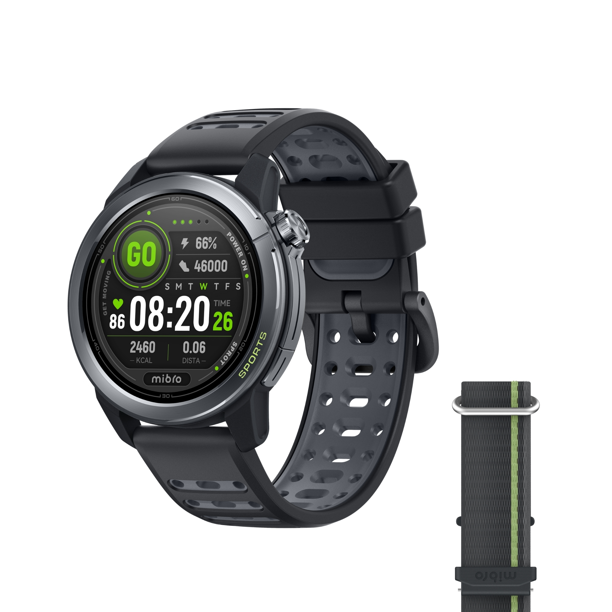 Czarny sportowy smartwatch z cyfrowym wyświetlaczem danych. Obok jest osobny pasek.