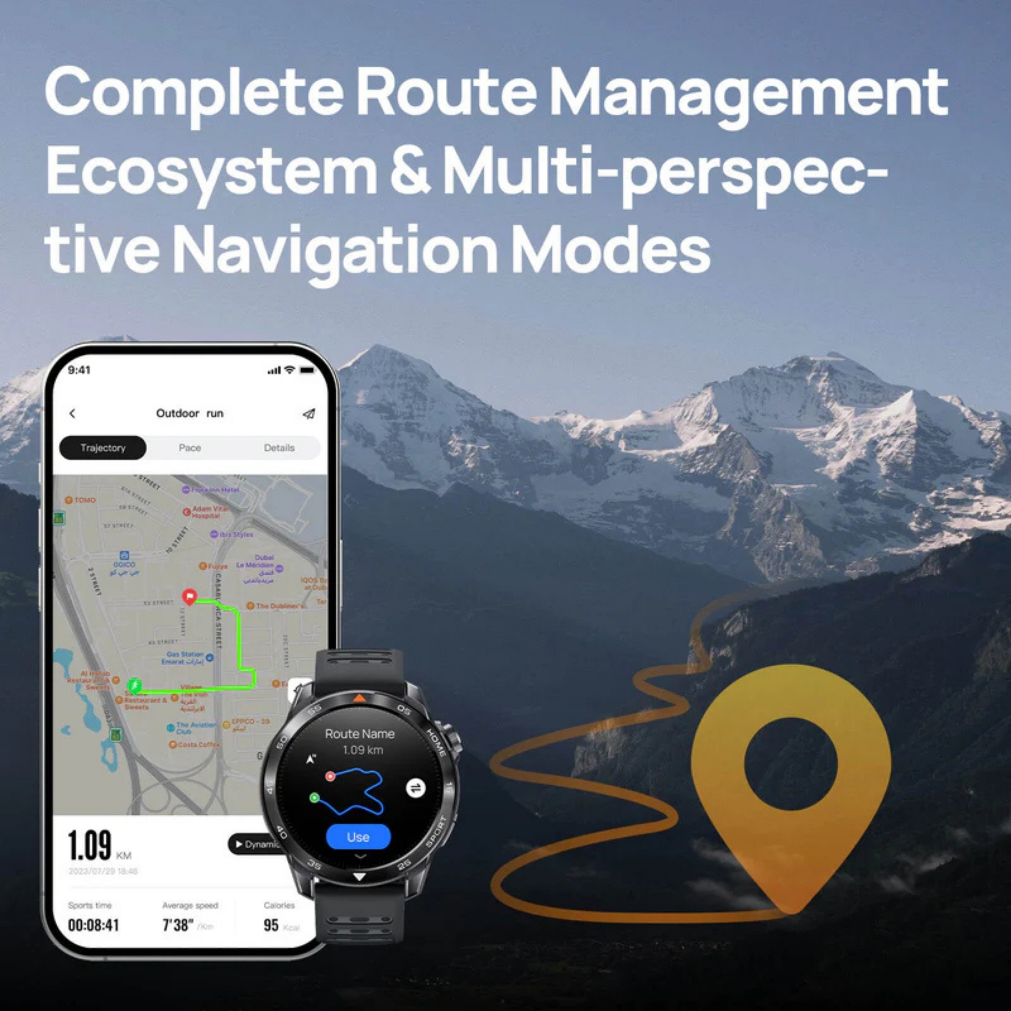 Smartwatch wyświetla mapę z trasą biegu. W tle góry. Tekst pokazuje Complete Route Management.
