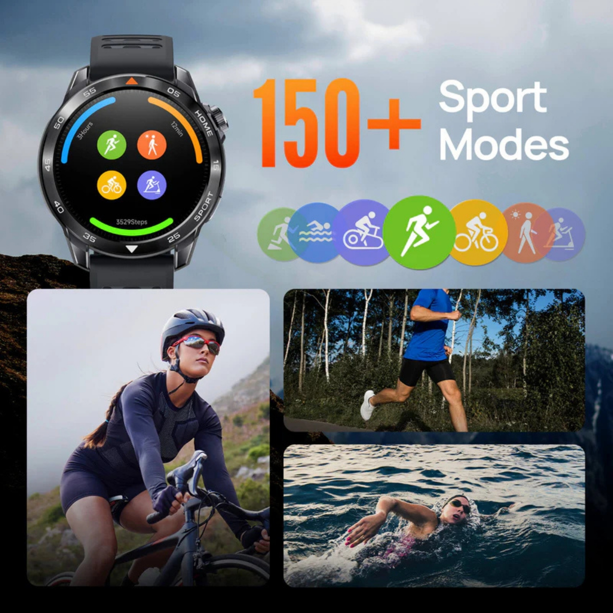 Smartwatch, tryby sportowe i sportowcy jeżdżący na rowerze, biegający i pływający. Tekst mówi "150+ trybów sportowych".