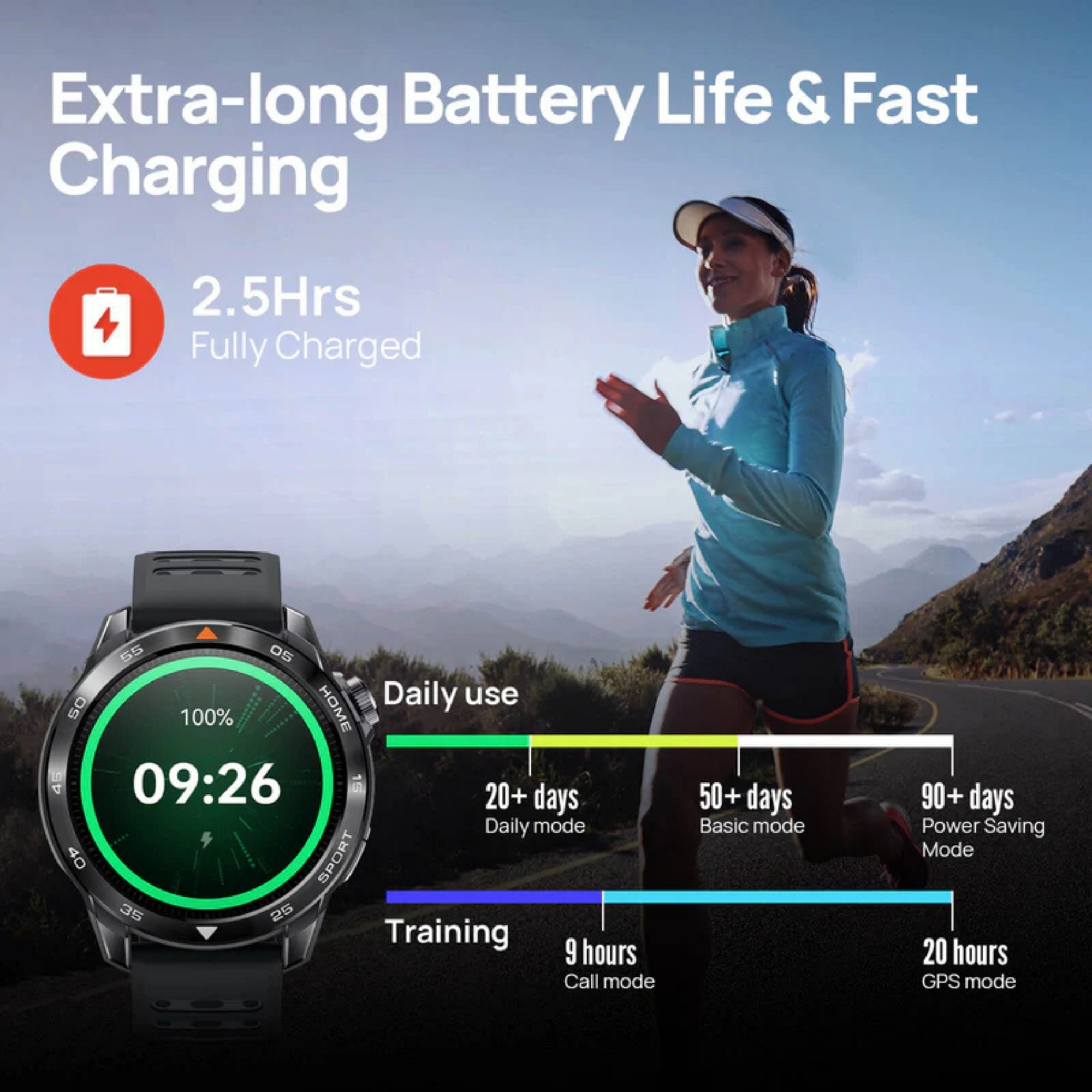 Sportowiec biegnie blisko górskiej drogi, ze smartwatchem pokazującym szczegóły dotyczące baterii i czasu pracy.