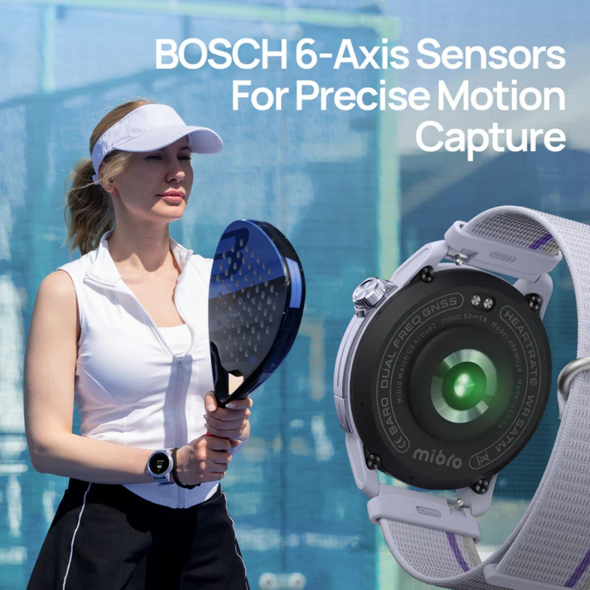 Kobieta z rakietą tenisową i smartwatchem. Tekst: Czujniki BOSCH 6-osiowe. Precyzyjne rejestrowanie ruchu. Skupienie na funkcjach smartwatcha.