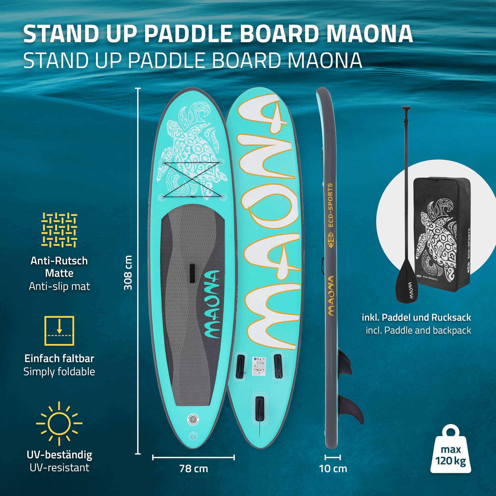 Zwei Stand-Up-Paddleboards mit Paddel und Rucksack. Ein Board ist vertikal. Text sagt MAONA und Merkmale wie Anti-Rutsch und UV-Schutz.