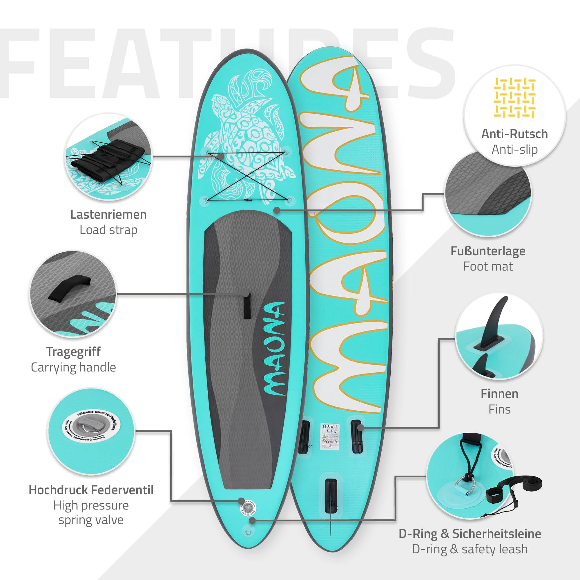 Zwei Paddleboards werden gezeigt, eines zeigt ein Schildkrötendesign. Zu den Merkmalen gehören Gurte, Griff, Flossen und eine Sicherheitsleine.