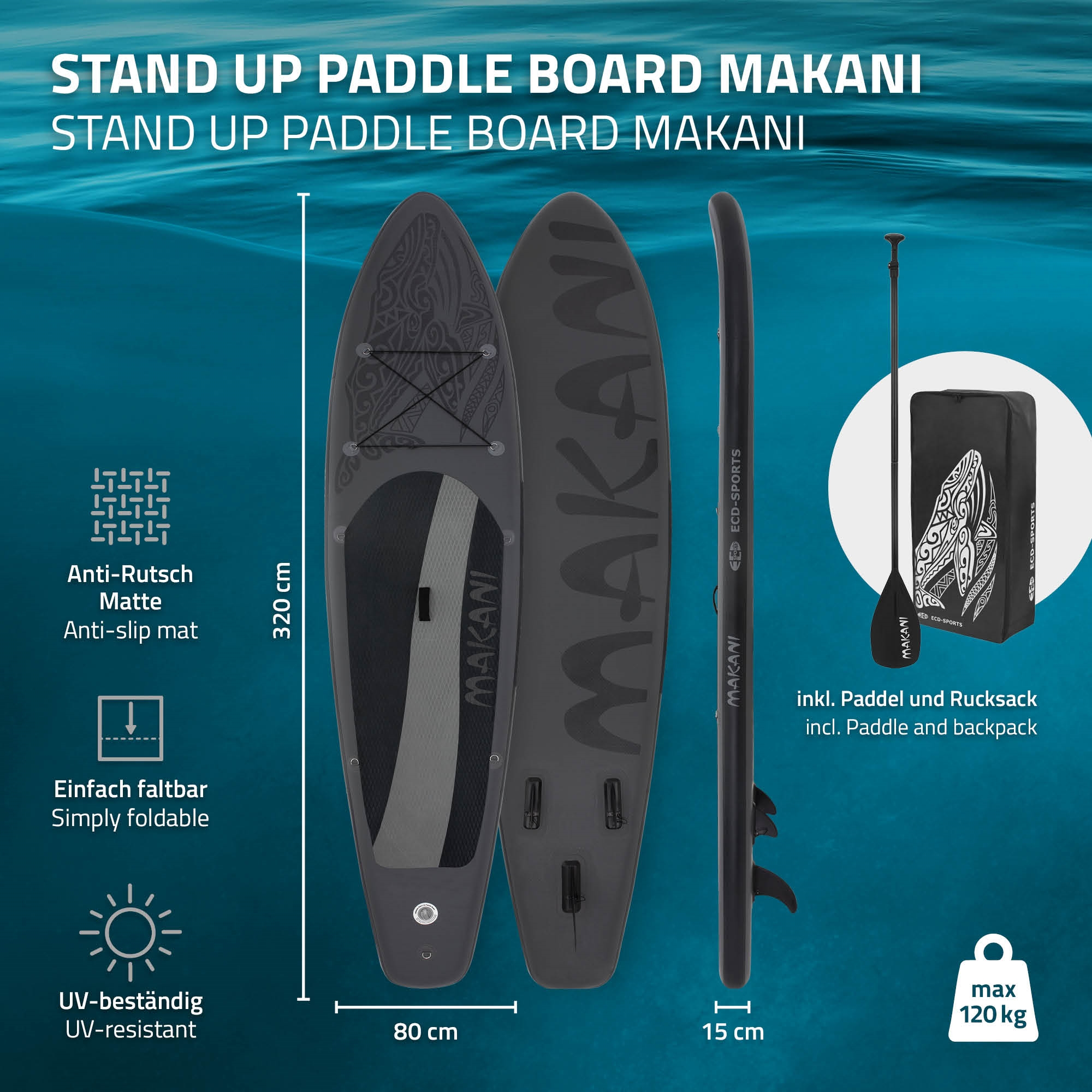 Stand-Up-Paddleboard mit Paddel und Rucksack. Dunkelgraues Board mit dem Wort MAKANI. Das Board ist 320 cm lang, 80 cm breit und 15 cm hoch.