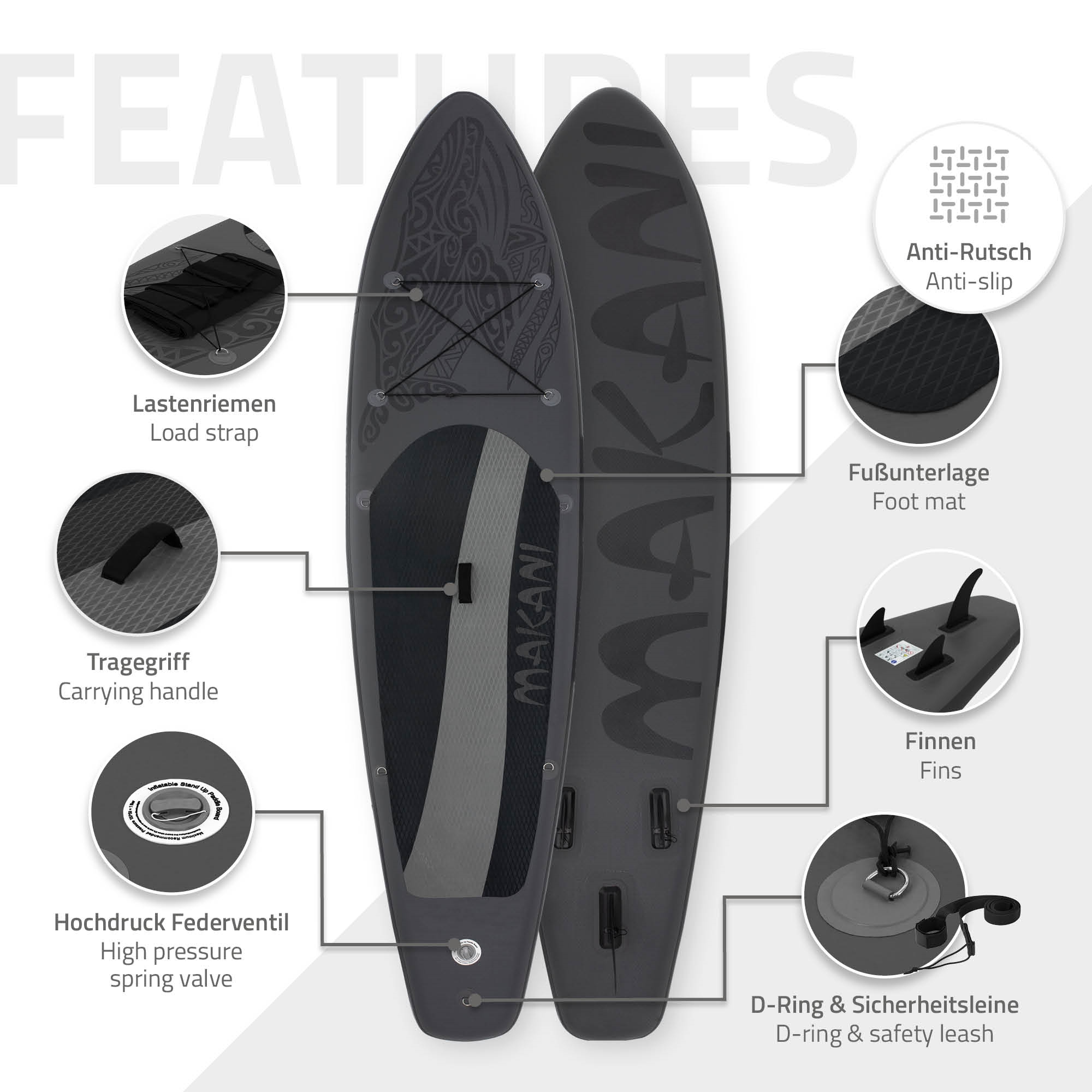 Zwei graue Paddleboards mit Funktionskennzeichnungen: Lastenriemen, Tragegriff, Federventil, Anti-Rutsch, Fußmatte, Finnen, und D-Ring-Leine.