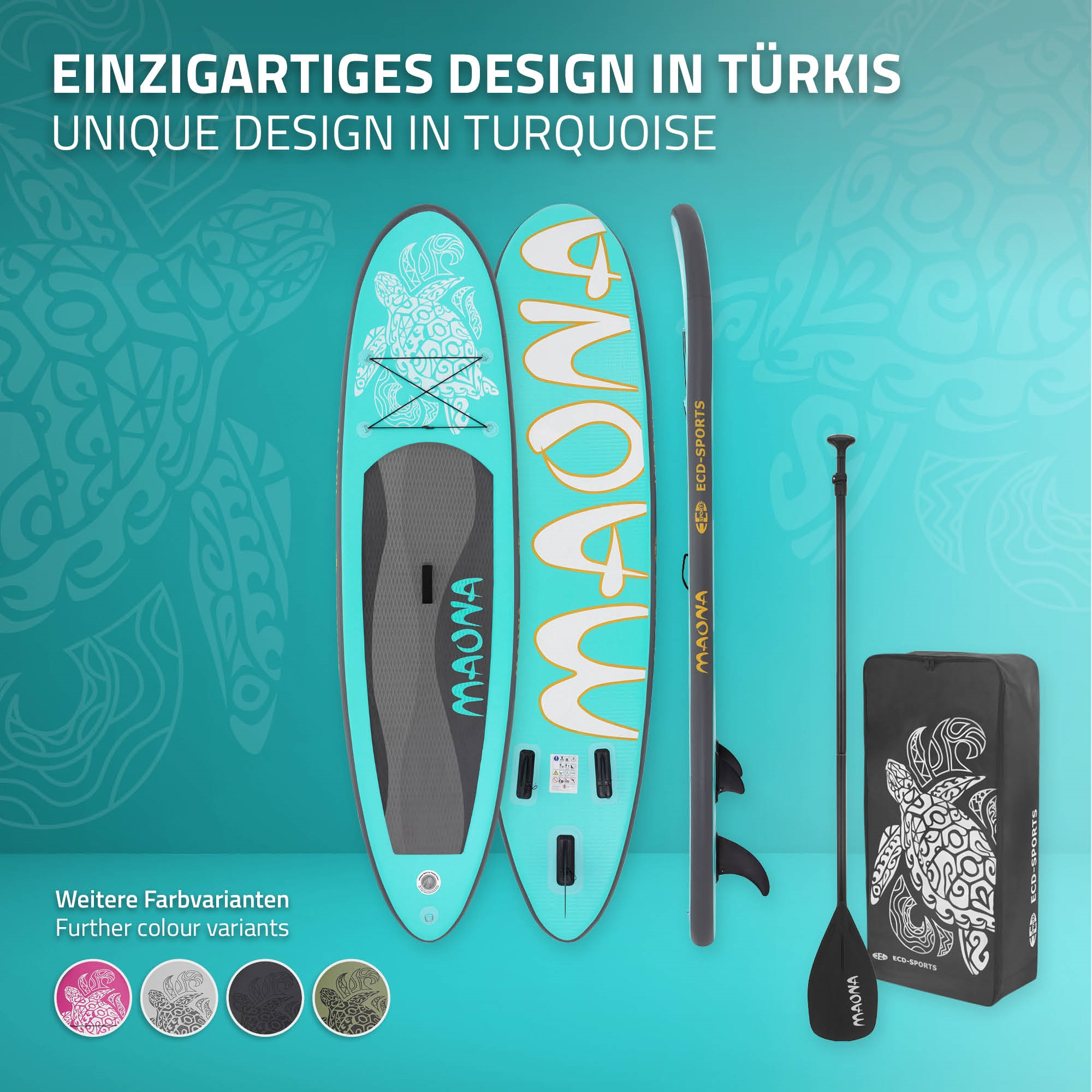 Türkisfarbene Paddleboards mit Schildkrötendesigns, Paddel und Tasche. Text sagt 'Einzigartiges Design in Türkis' und 'MAONA'.