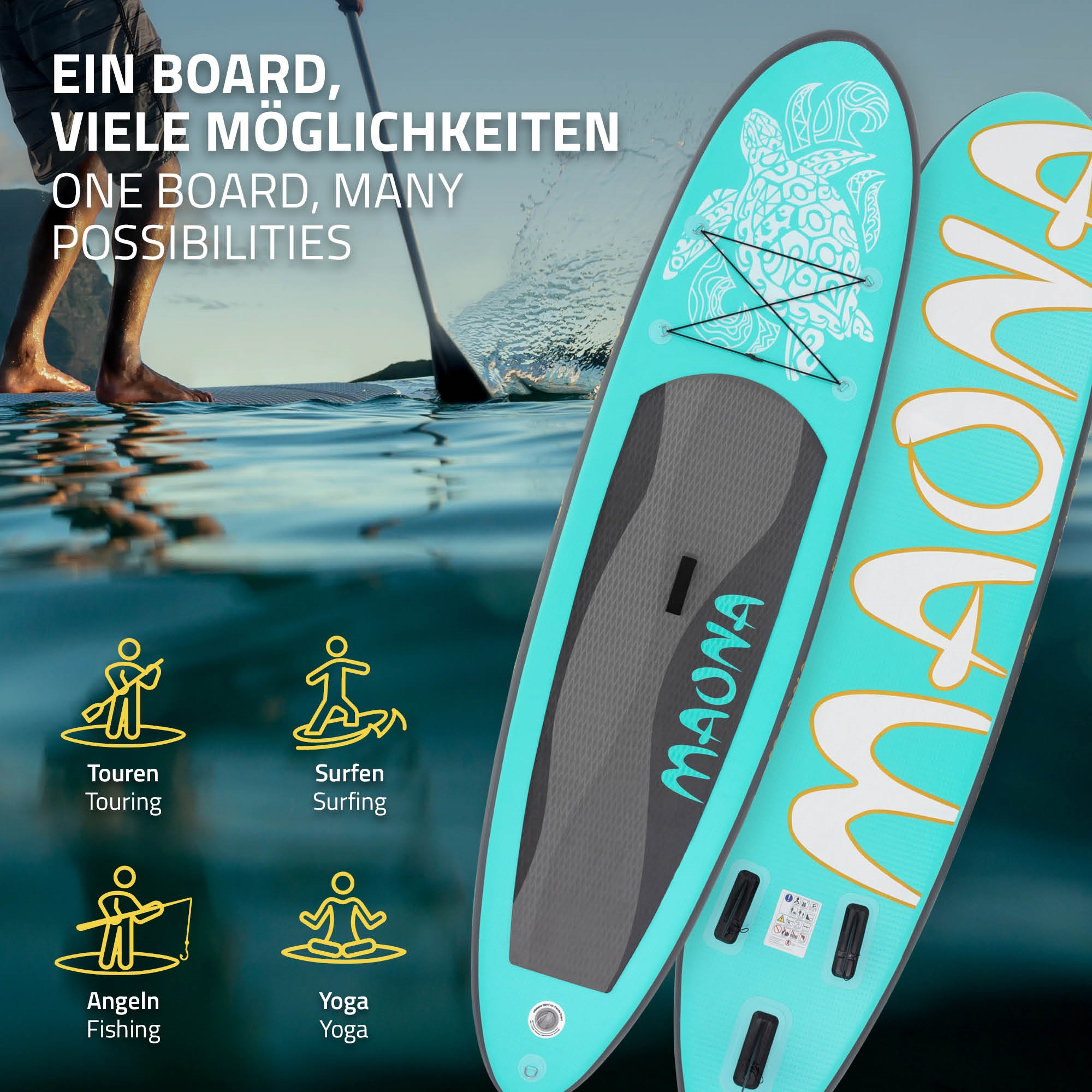Zwei Surfbretter, türkis mit weißem Schildkrötendesign, sind im Wasser. Text sagt ein Board, viele Möglichkeiten. Symbole zeigen Aktivitäten.