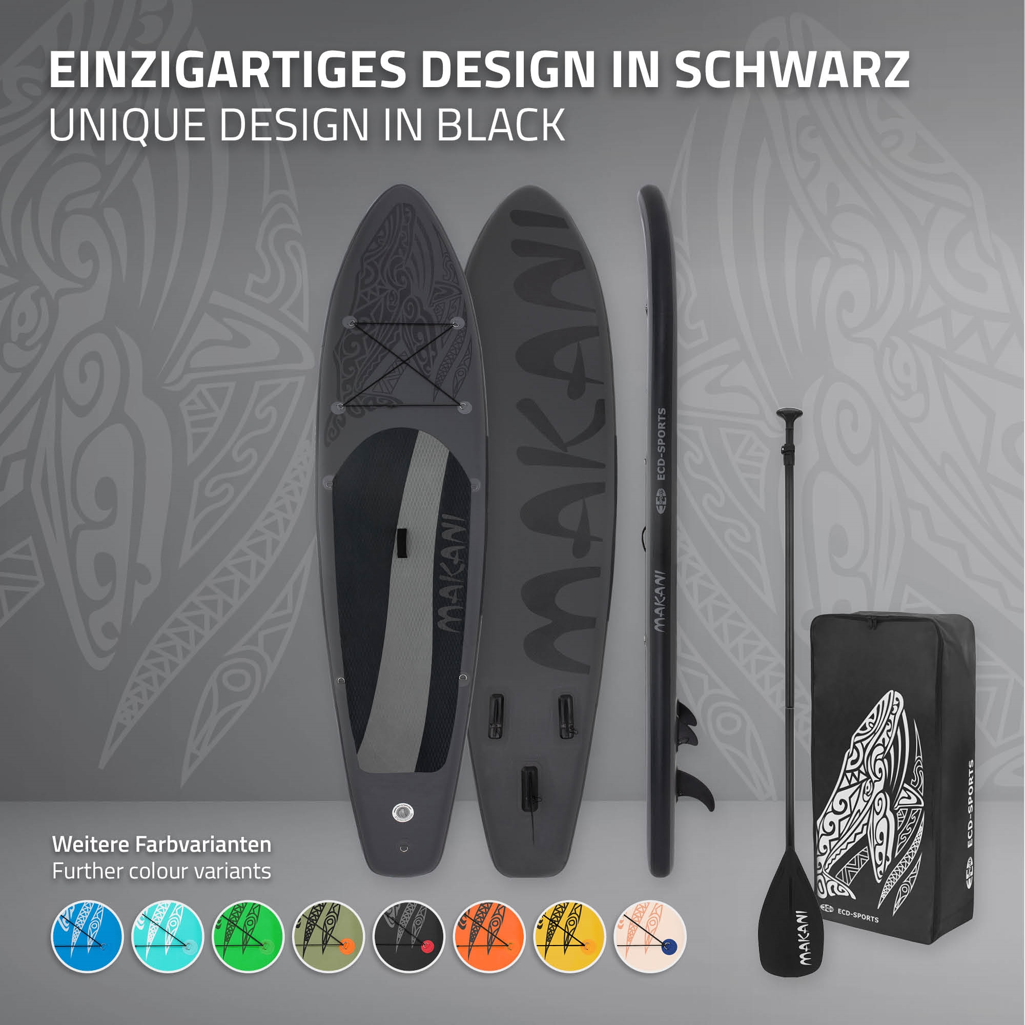 Das Bild zeigt SUP-Boards und Zubehör. Die Boards sind dunkelgrau, mit dem Markennamen 'MAKANI'. Weitere Farboptionen sind unten.